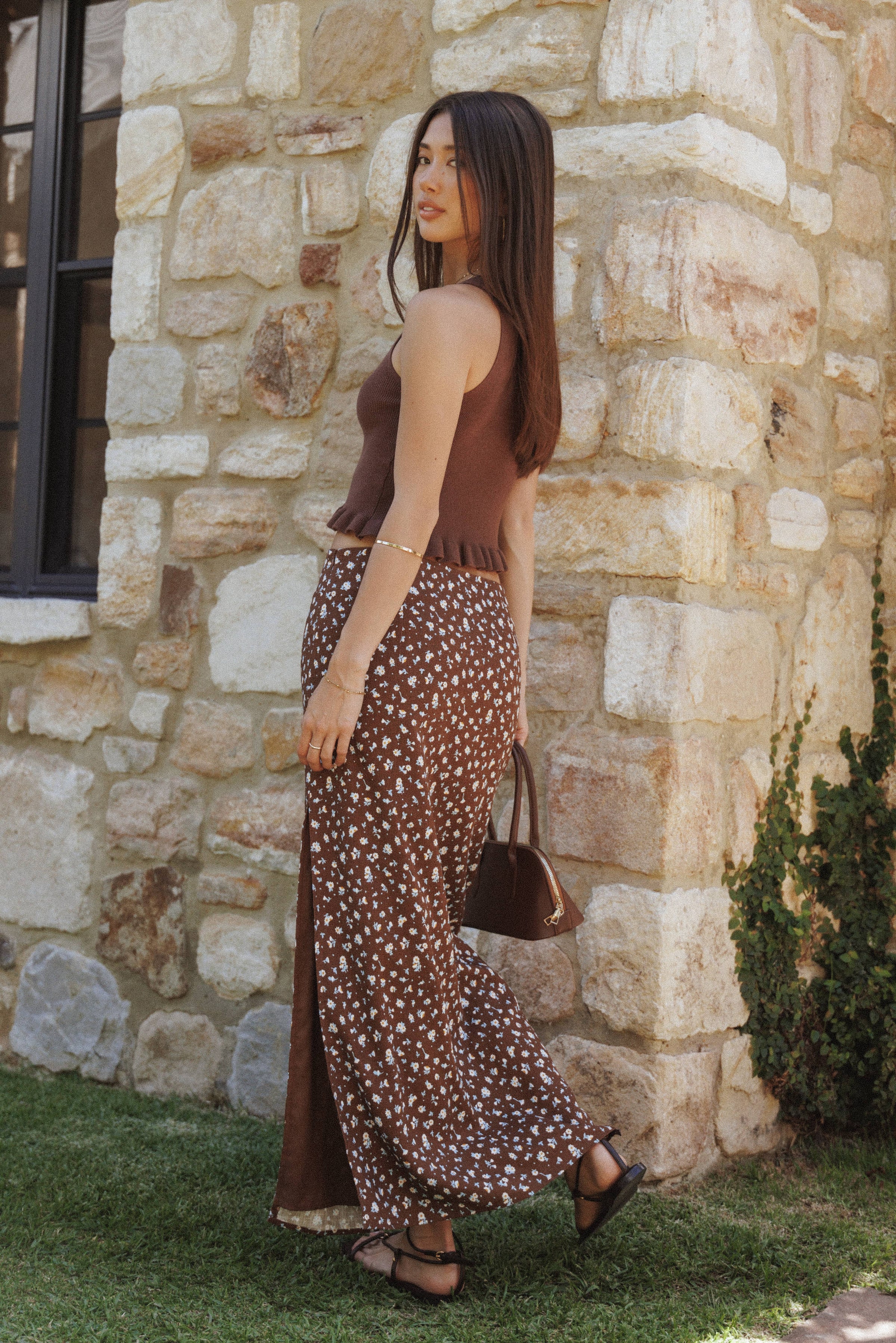 BOTTOMS Madison Linen Column Skirt - Brown Floral