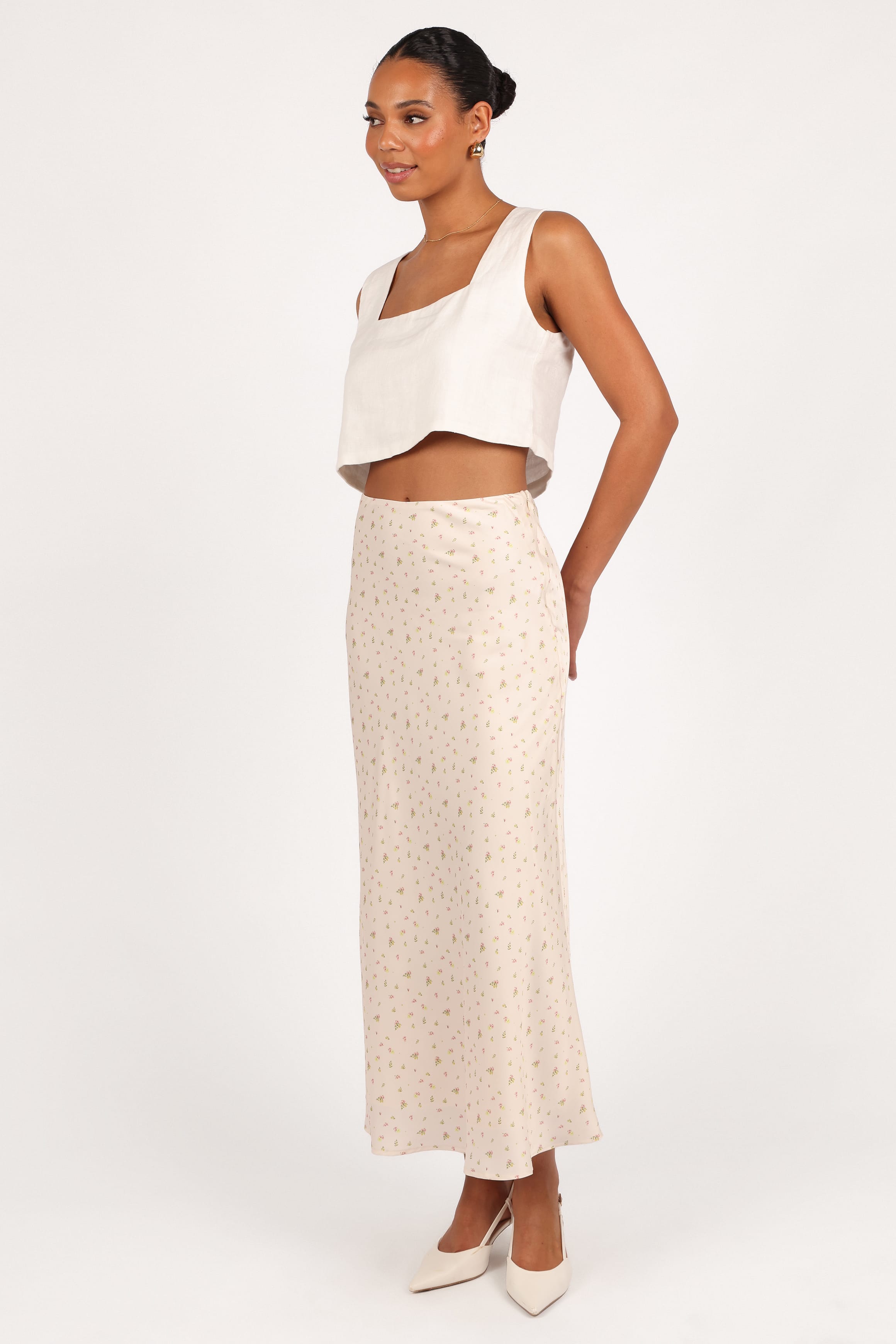 BOTTOMS Mei Satin Midi Skirt - Tiny Blooms
