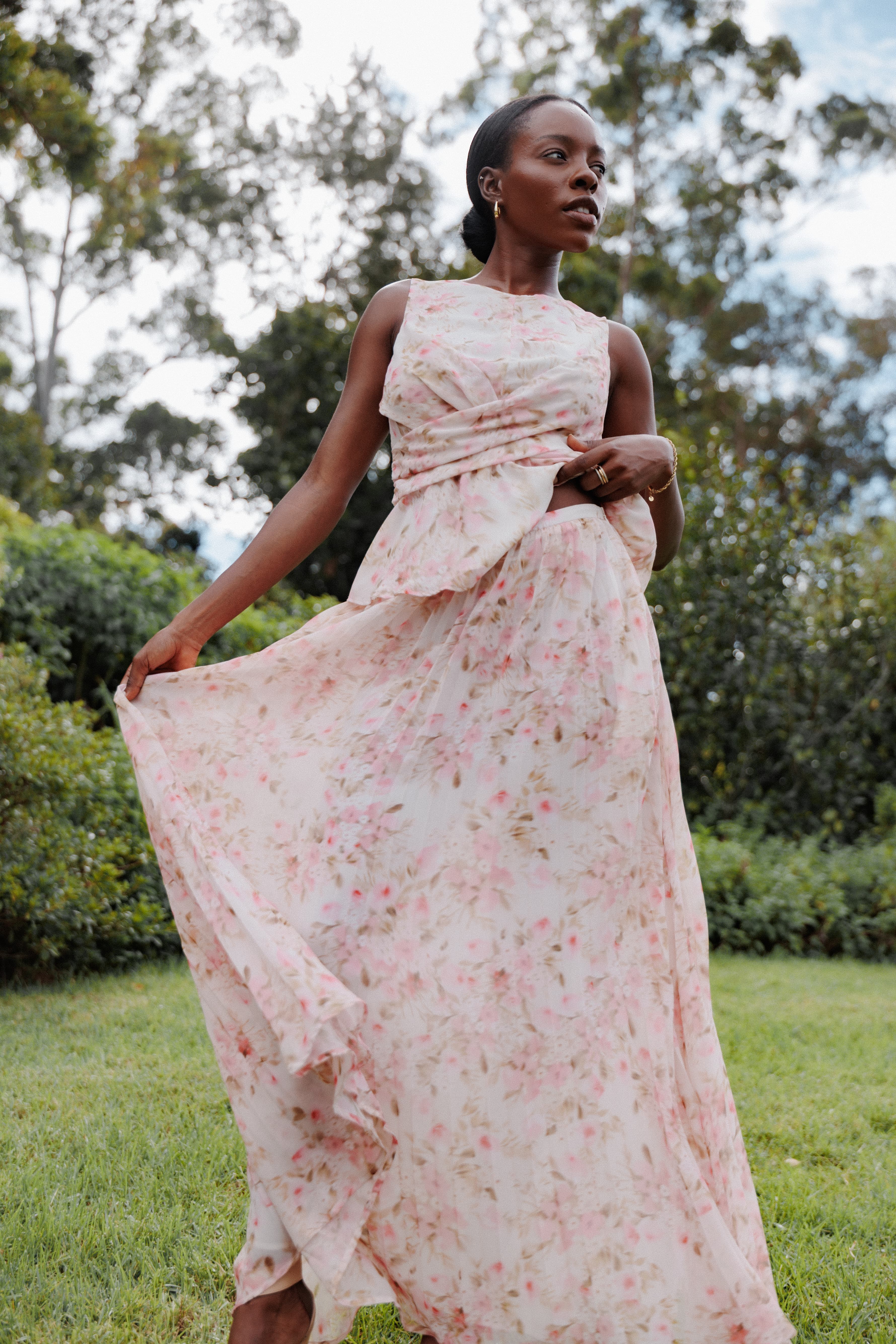 BOTTOMS Mena Pleated Maxi Skirt - Blurred Pink Floral