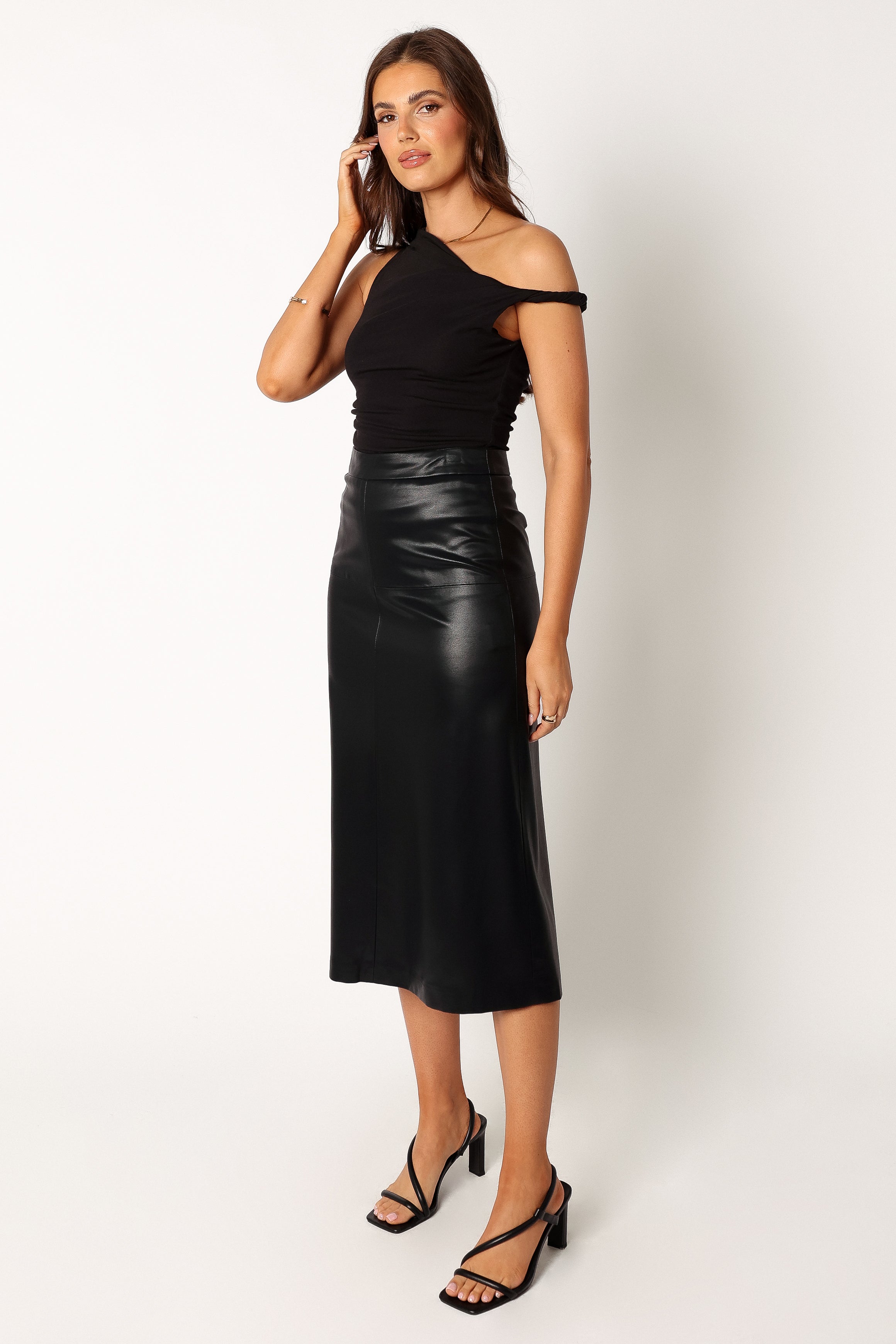 BOTTOMS @Miller Faux Leather Midi Skirt - Black