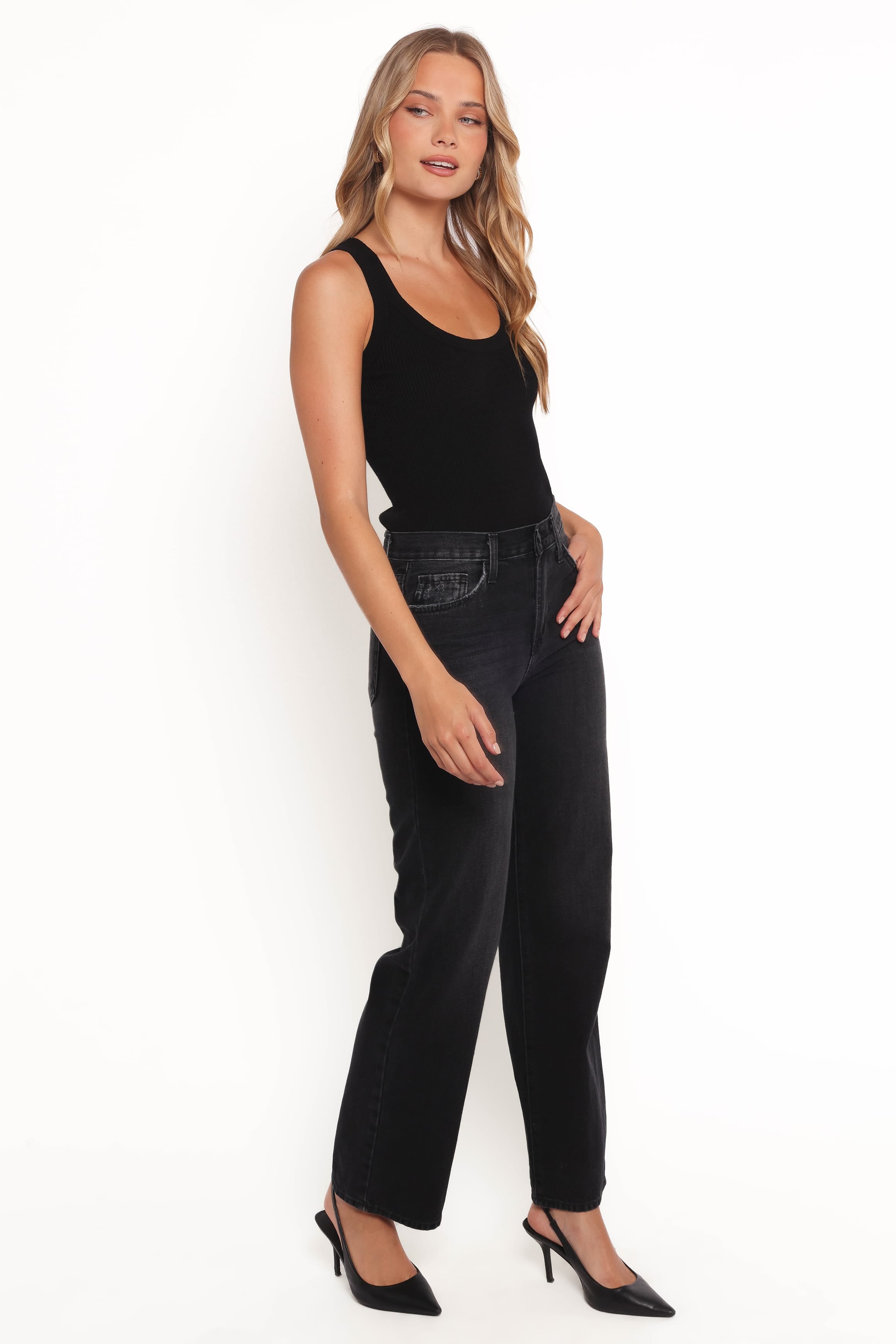 BOTTOMS Nathan High Rise Relaxed Straight Jean - Washed Black