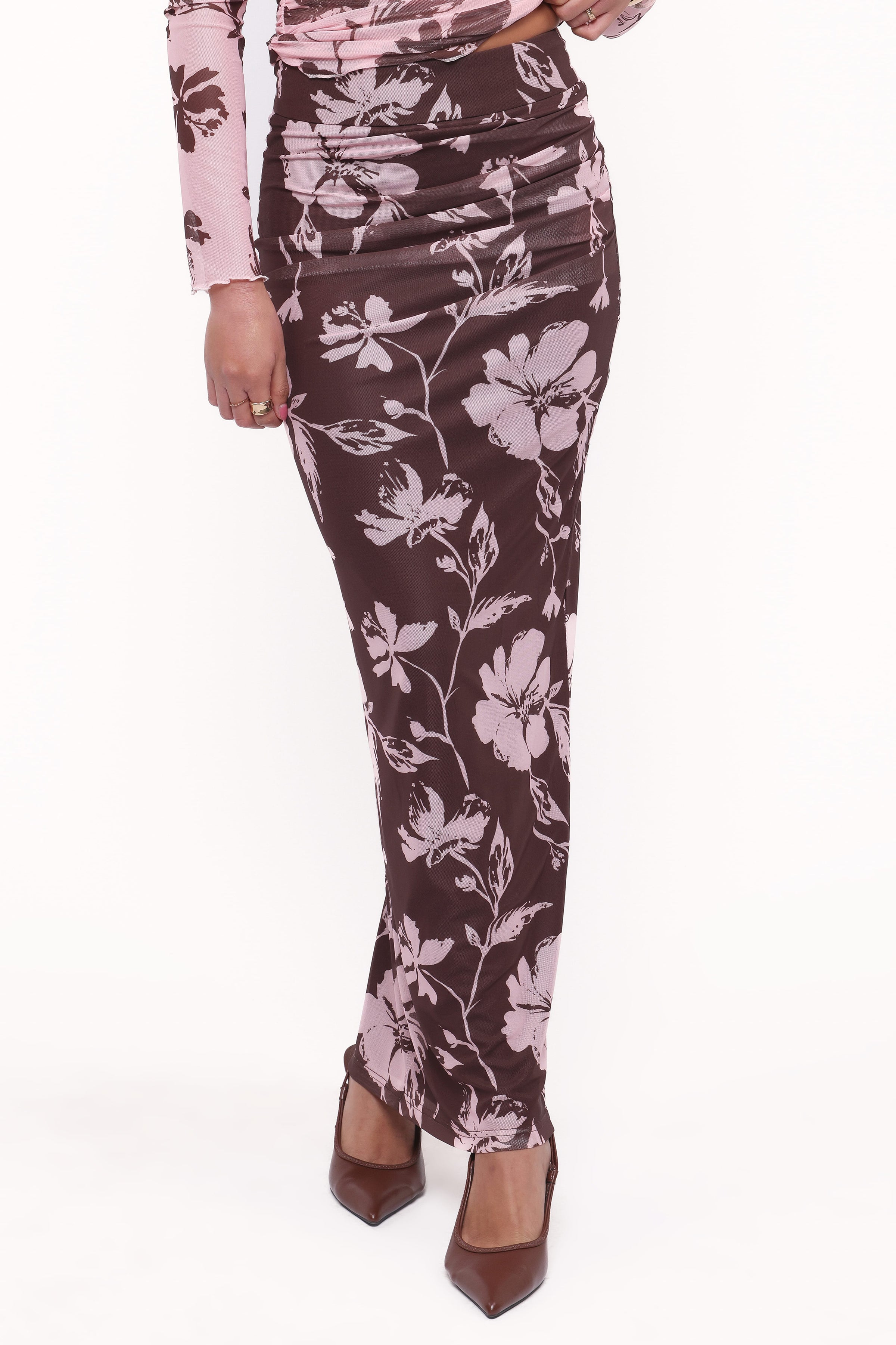 BOTTOMS Navida Mesh Midi Skirt - Pink Brown Floral