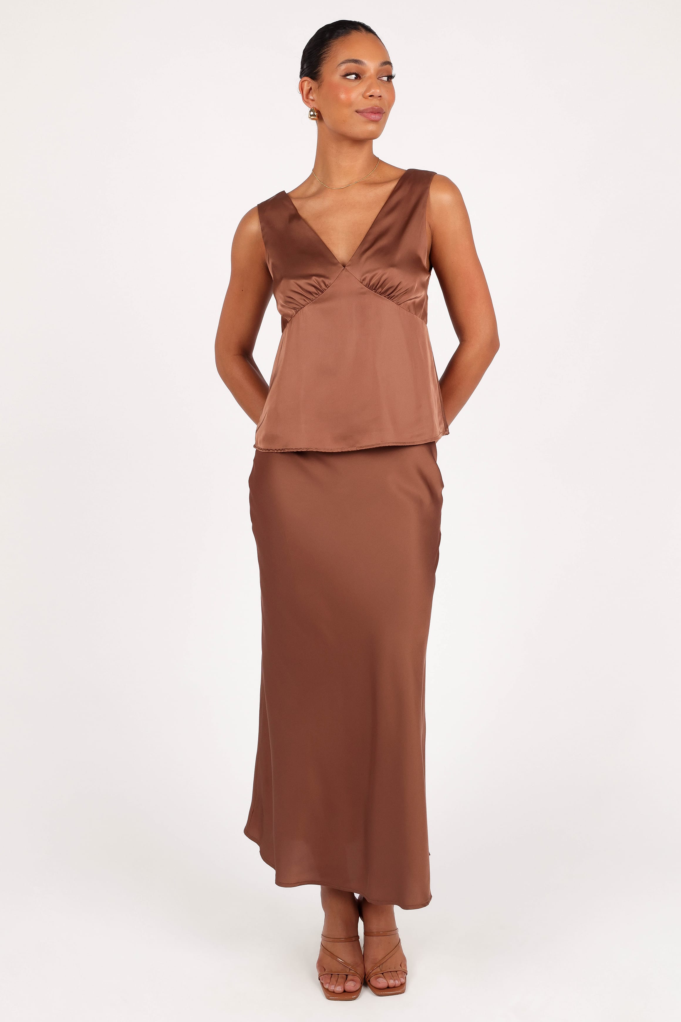 BOTTOMS Nellie Satin Midi Skirt - Banksia Brown