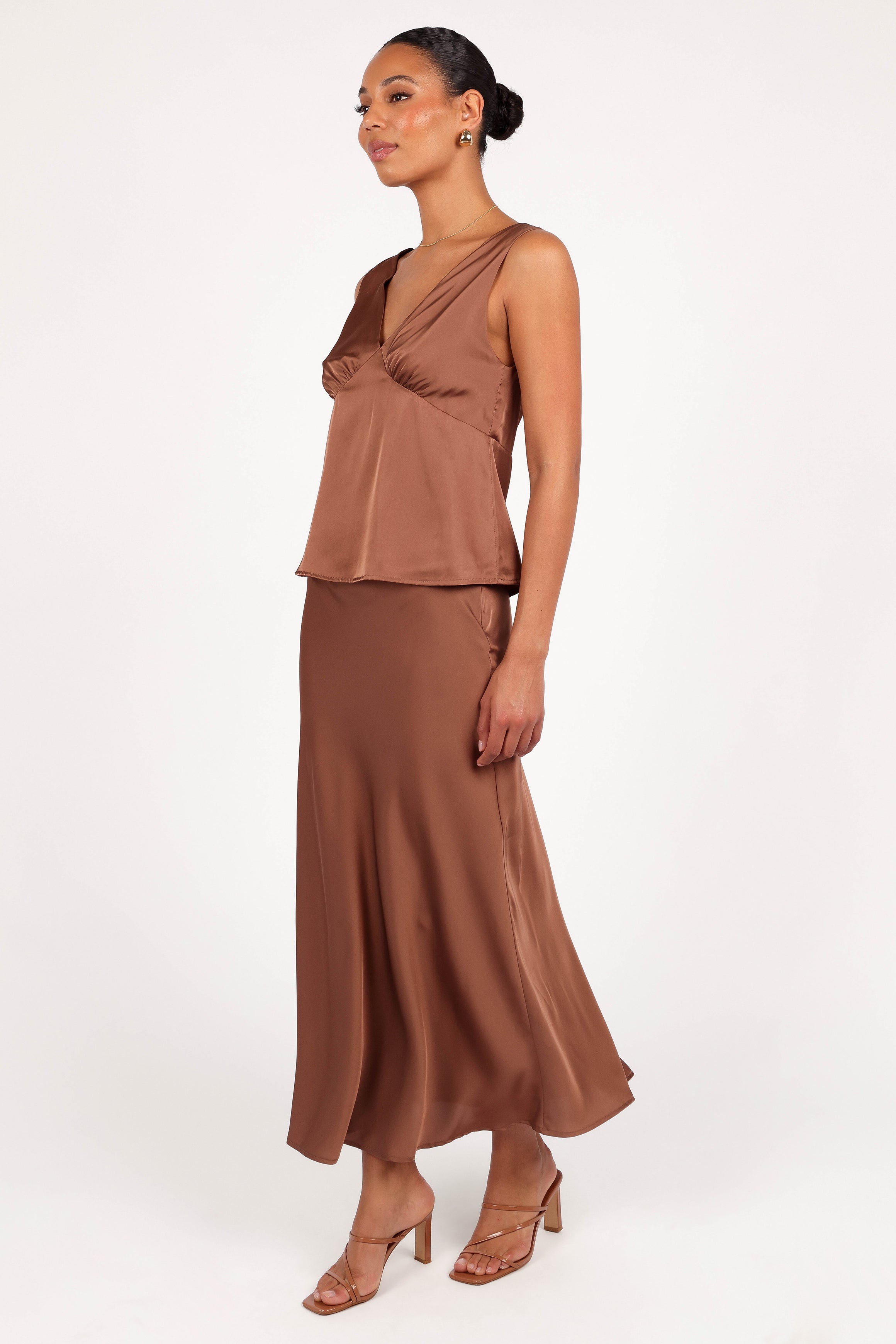 BOTTOMS Nellie Satin Midi Skirt - Banksia Brown