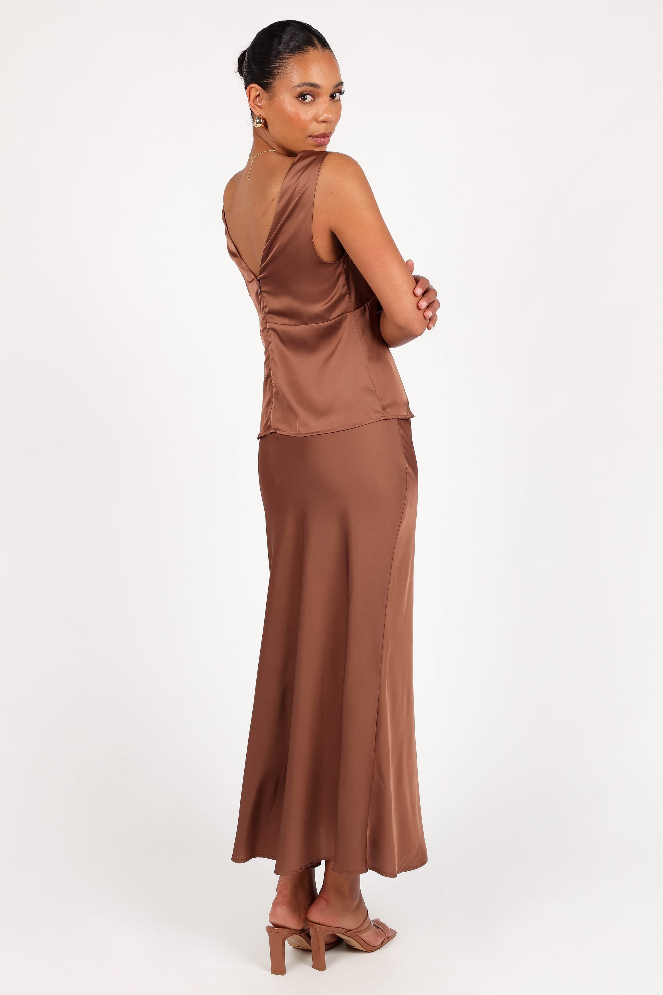 BOTTOMS Nellie Satin Midi Skirt - Banksia Brown