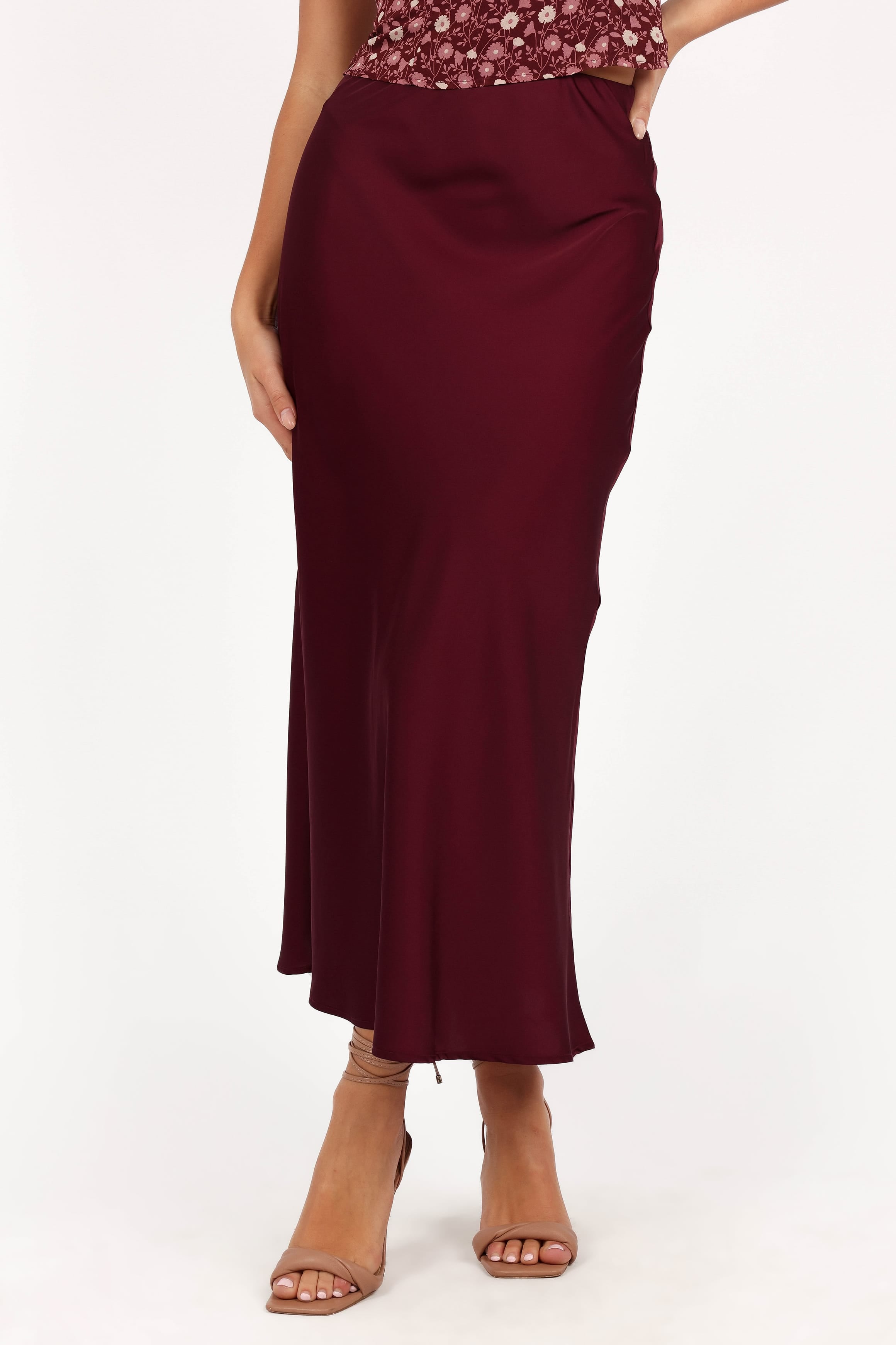BOTTOMS Nellie Satin Midi Skirt - Burgundy