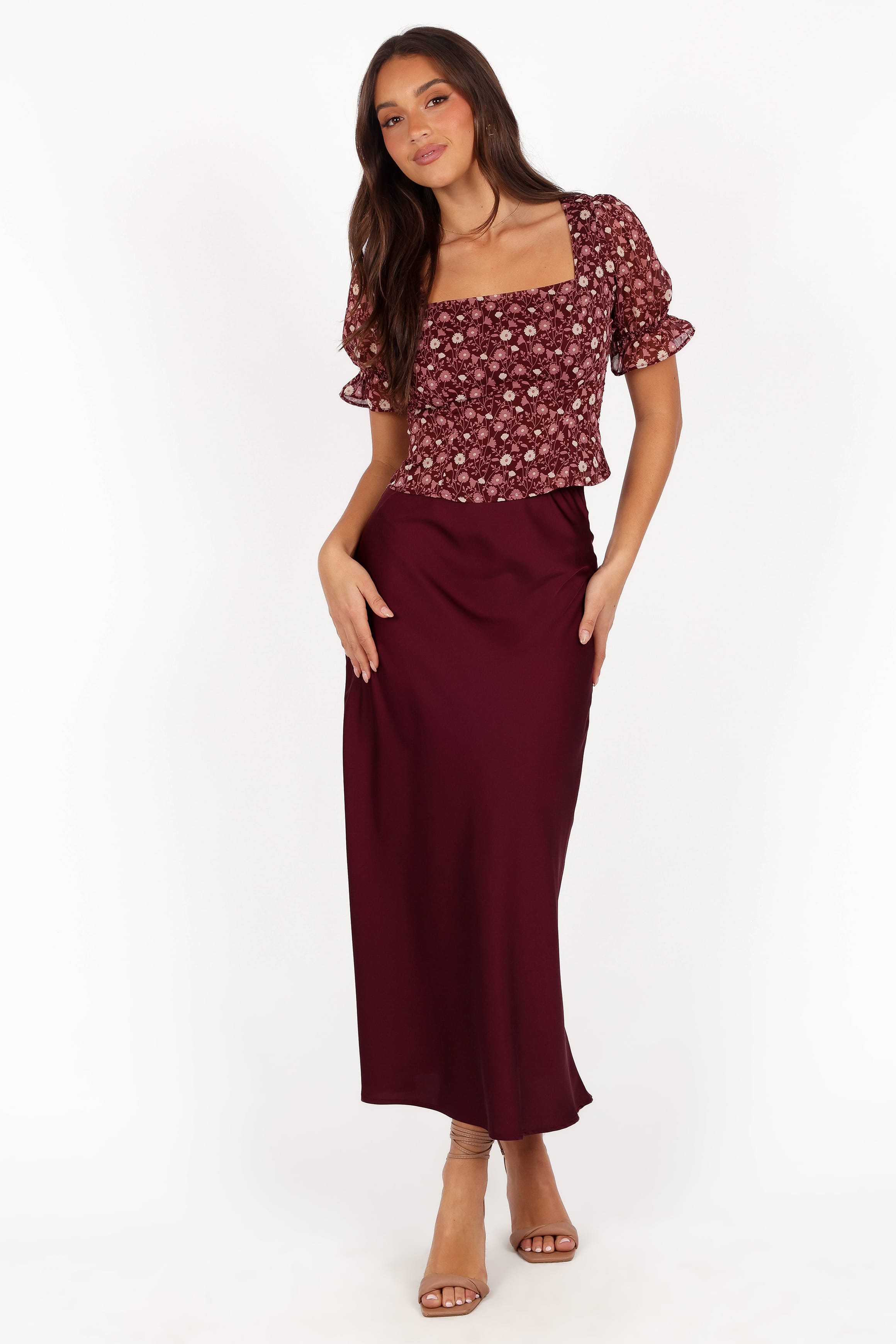 BOTTOMS Nellie Satin Midi Skirt - Burgundy