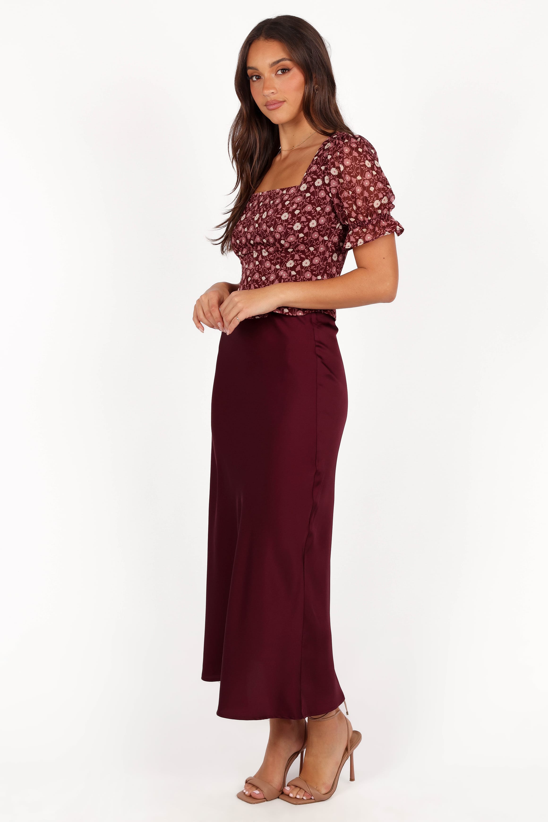 BOTTOMS Nellie Satin Midi Skirt - Burgundy