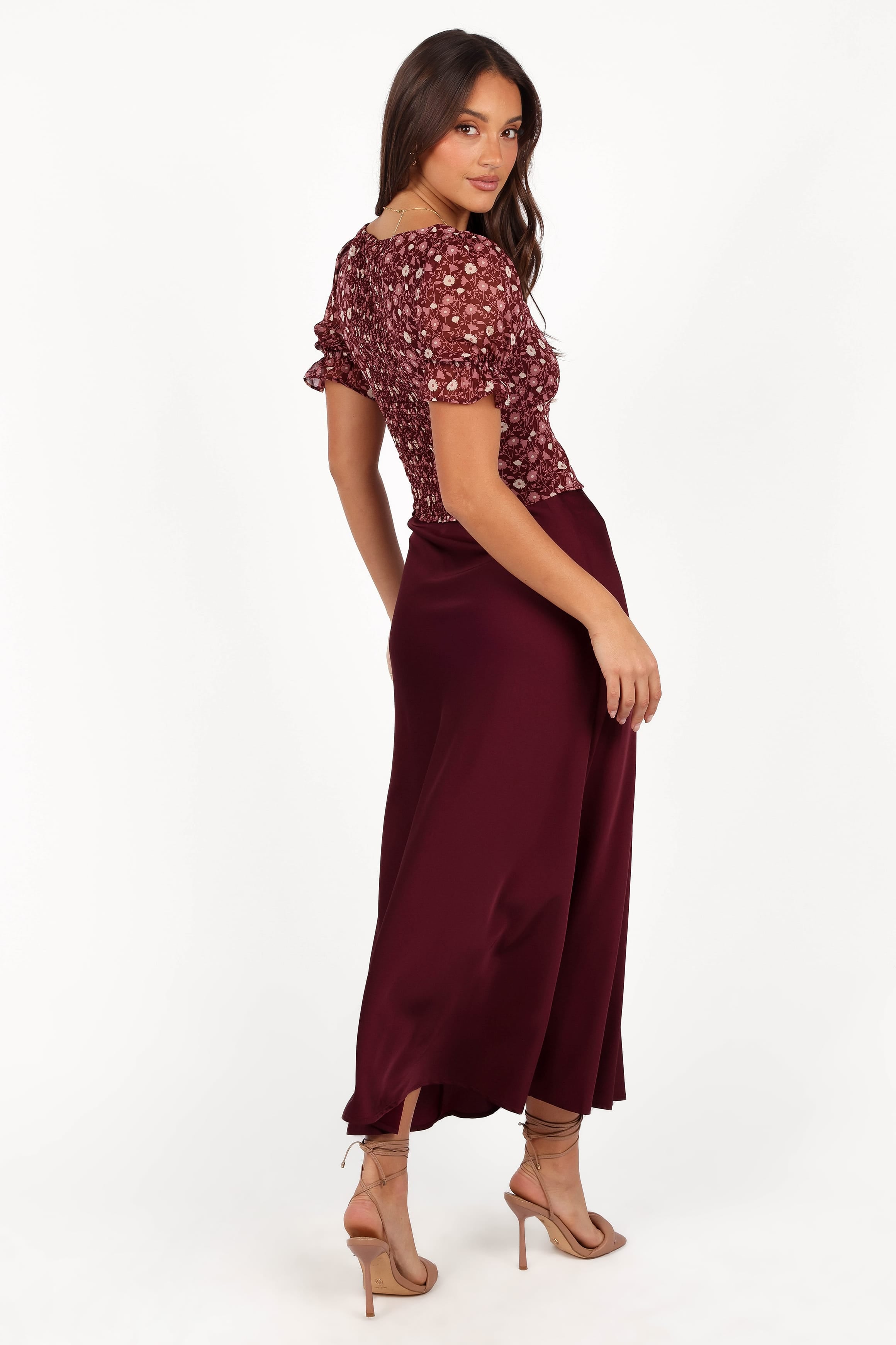 BOTTOMS Nellie Satin Midi Skirt - Burgundy