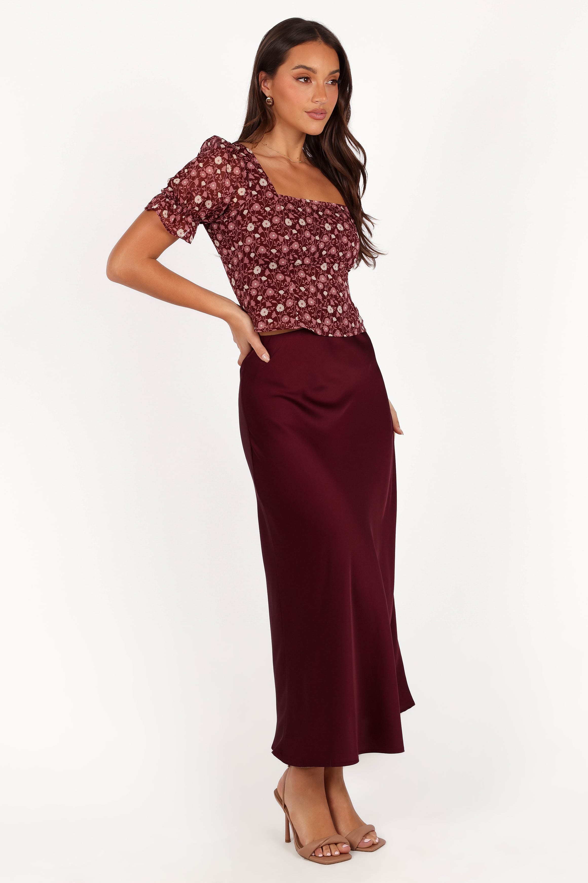 BOTTOMS Nellie Satin Midi Skirt - Burgundy