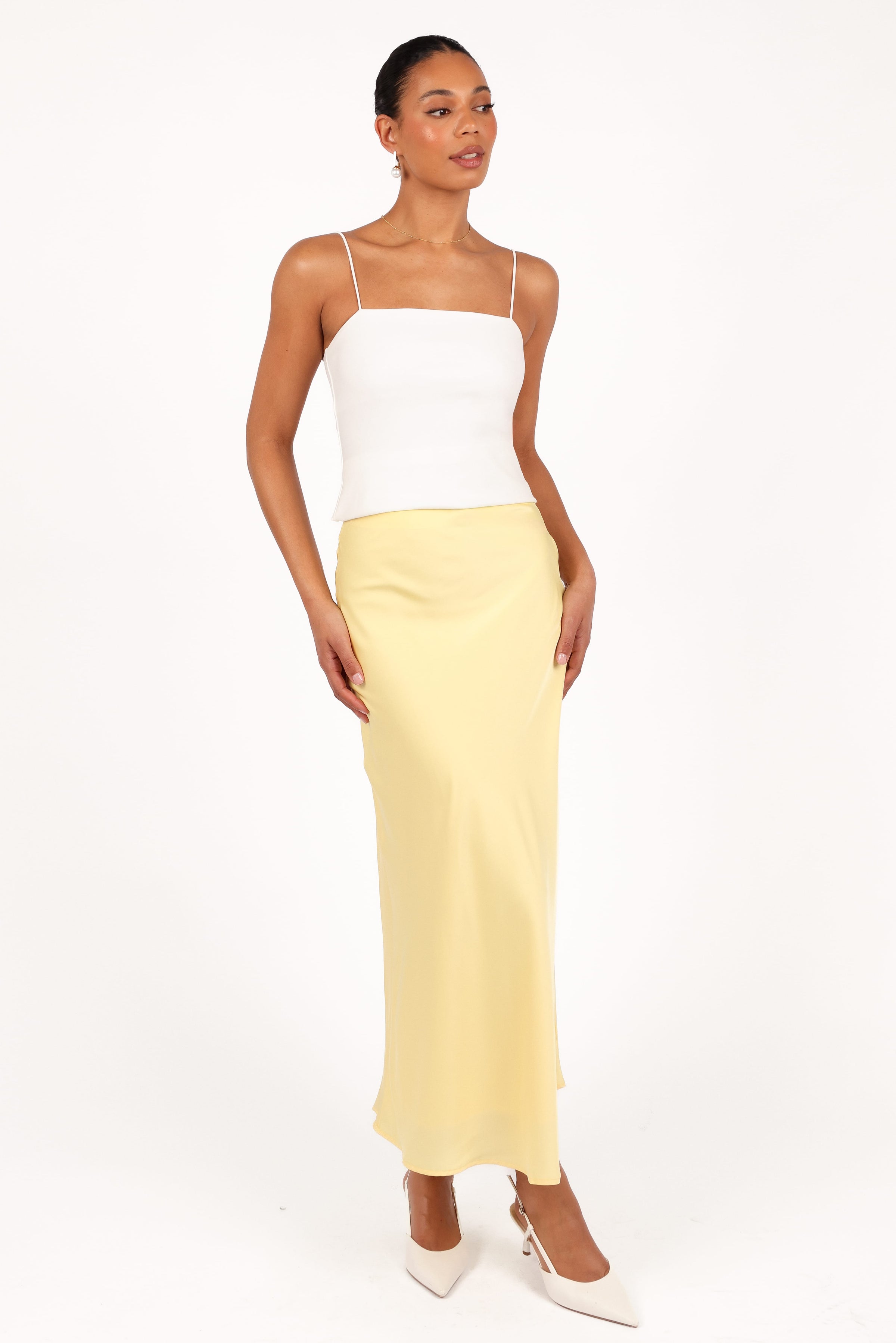 BOTTOMS Nellie Satin Midi Skirt - Honeysuckle Yellow