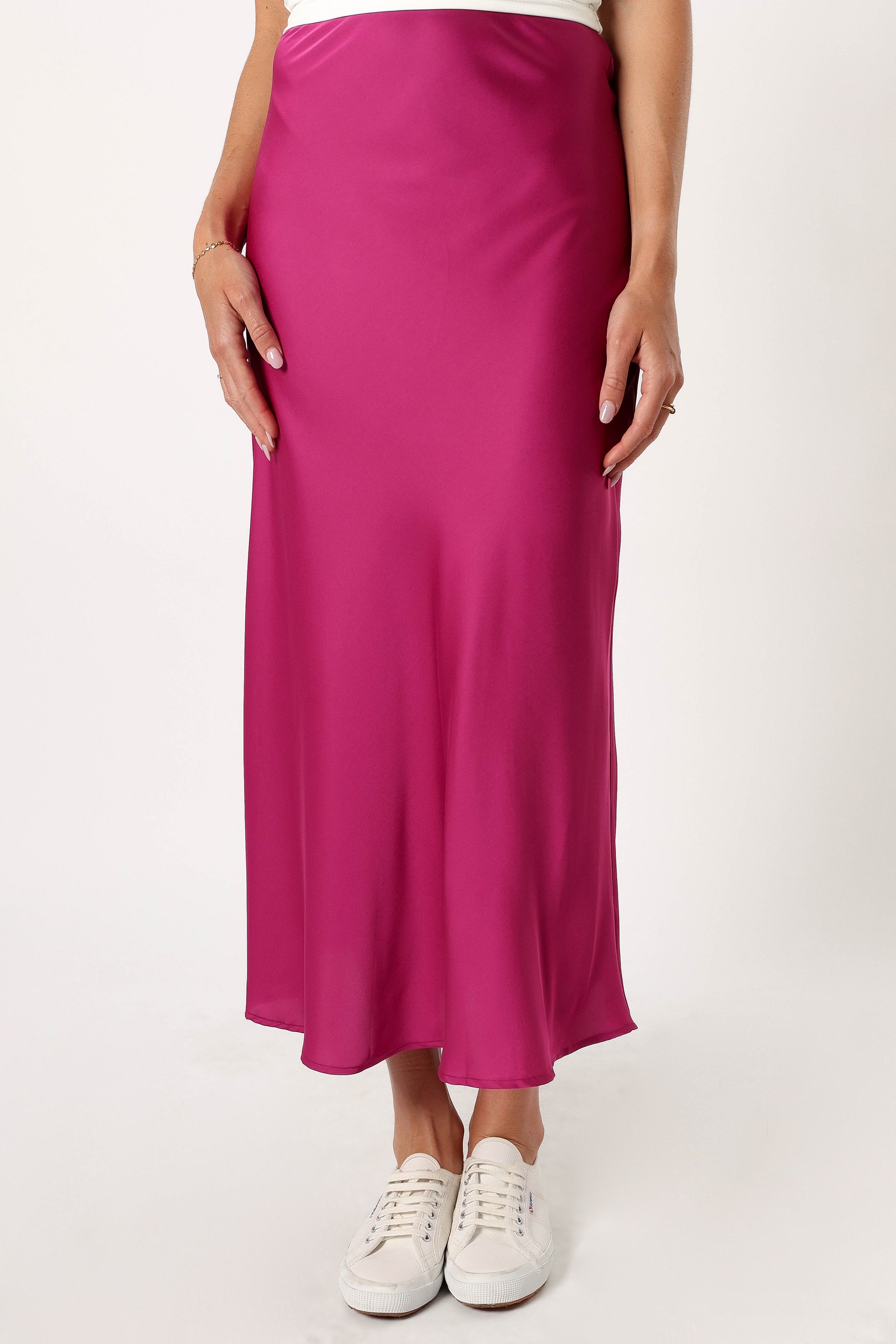 BOTTOMS @Nellie Satin Midi Skirt - Magenta