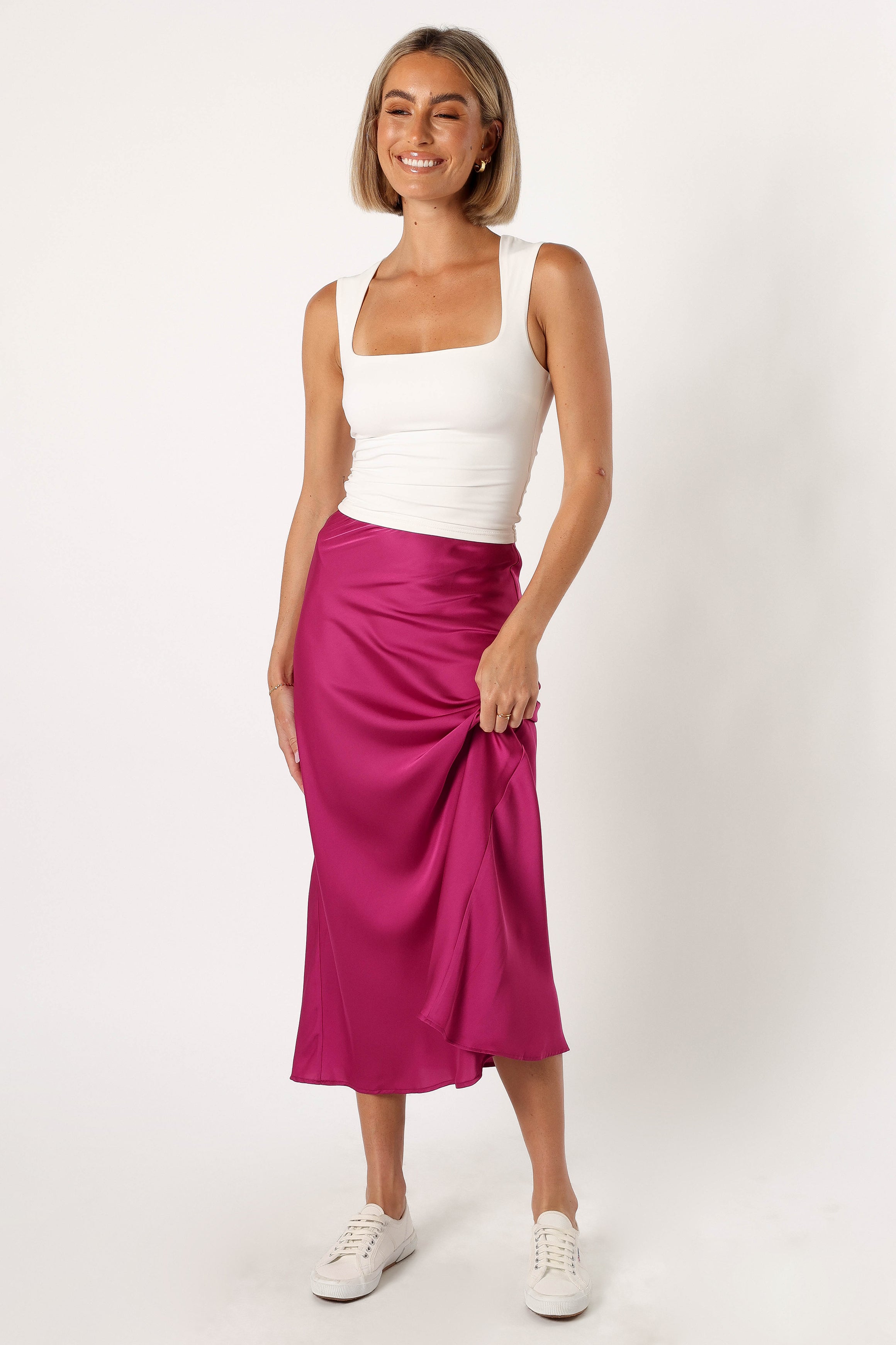 BOTTOMS @Nellie Satin Midi Skirt - Magenta