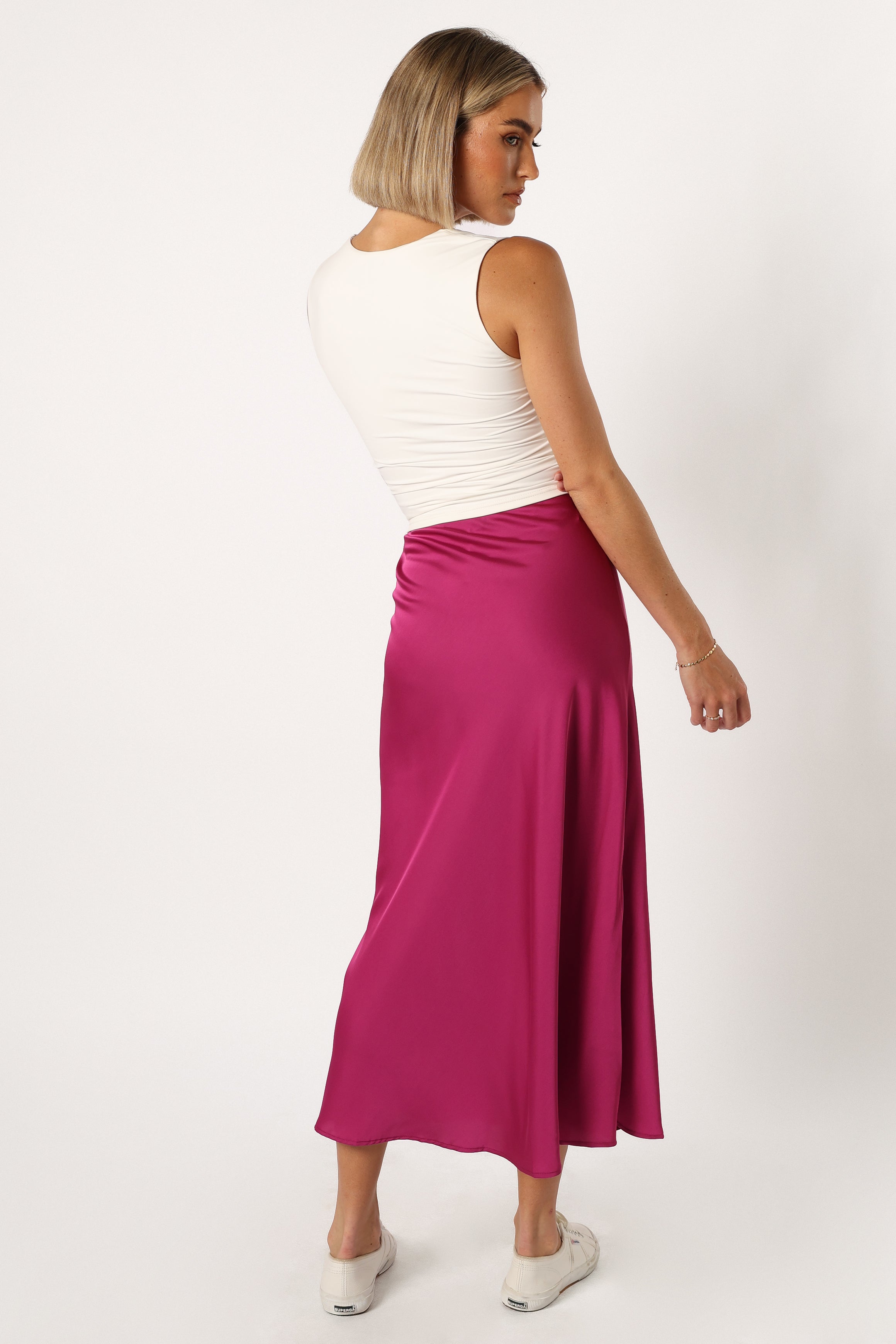 BOTTOMS @Nellie Satin Midi Skirt - Magenta