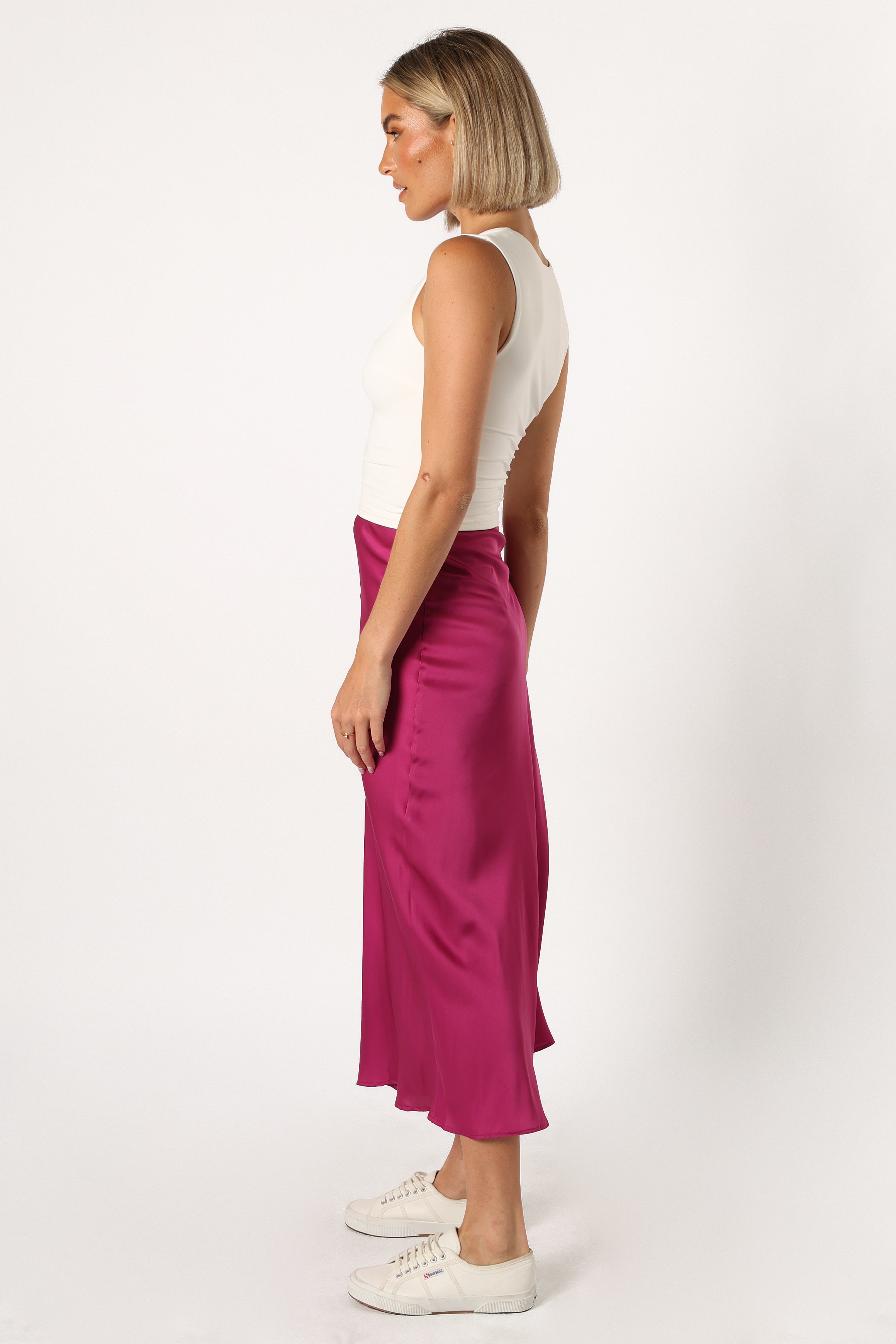 BOTTOMS @Nellie Satin Midi Skirt - Magenta