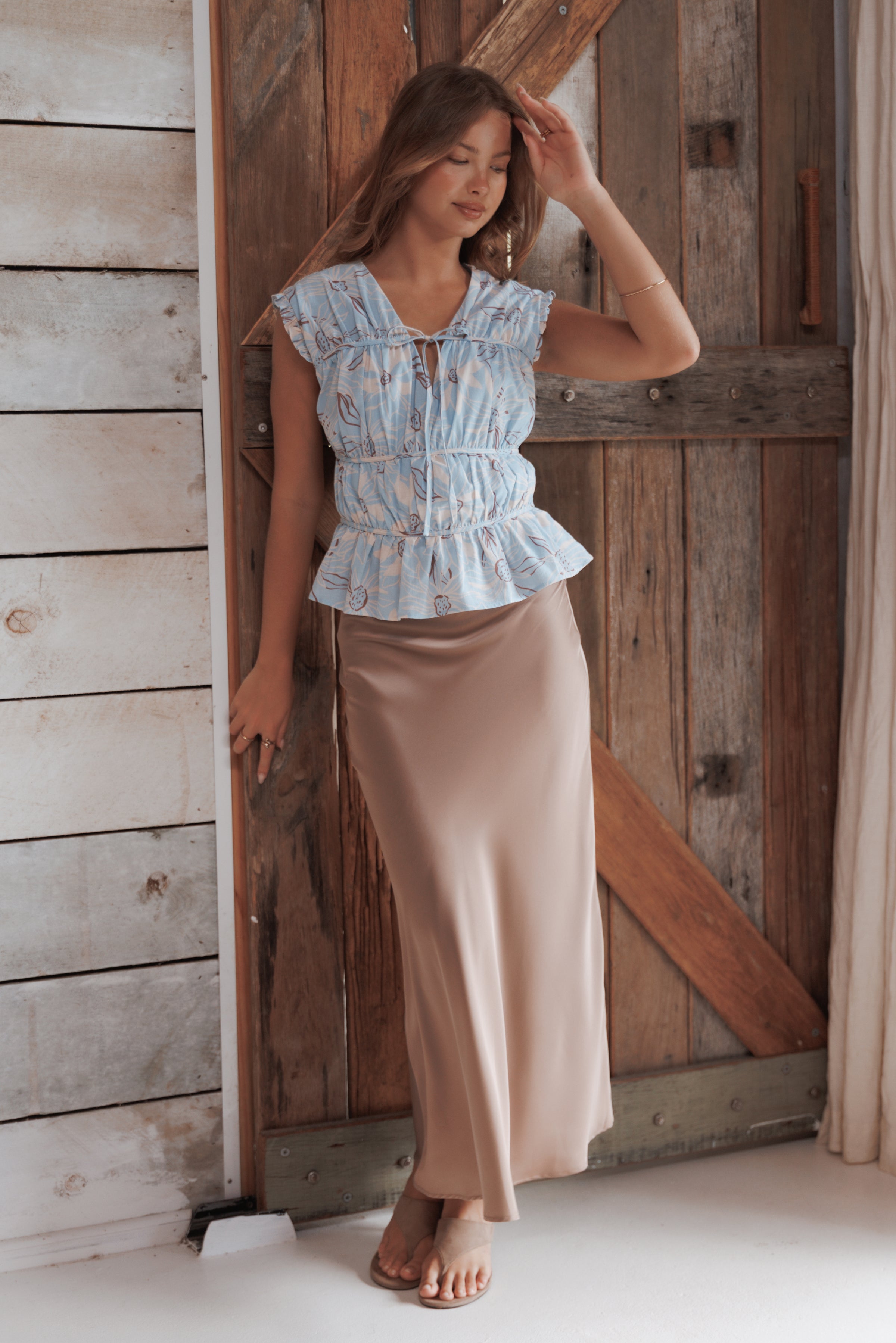 BOTTOMS Nellie Satin Midi Skirt - Mocha Brown