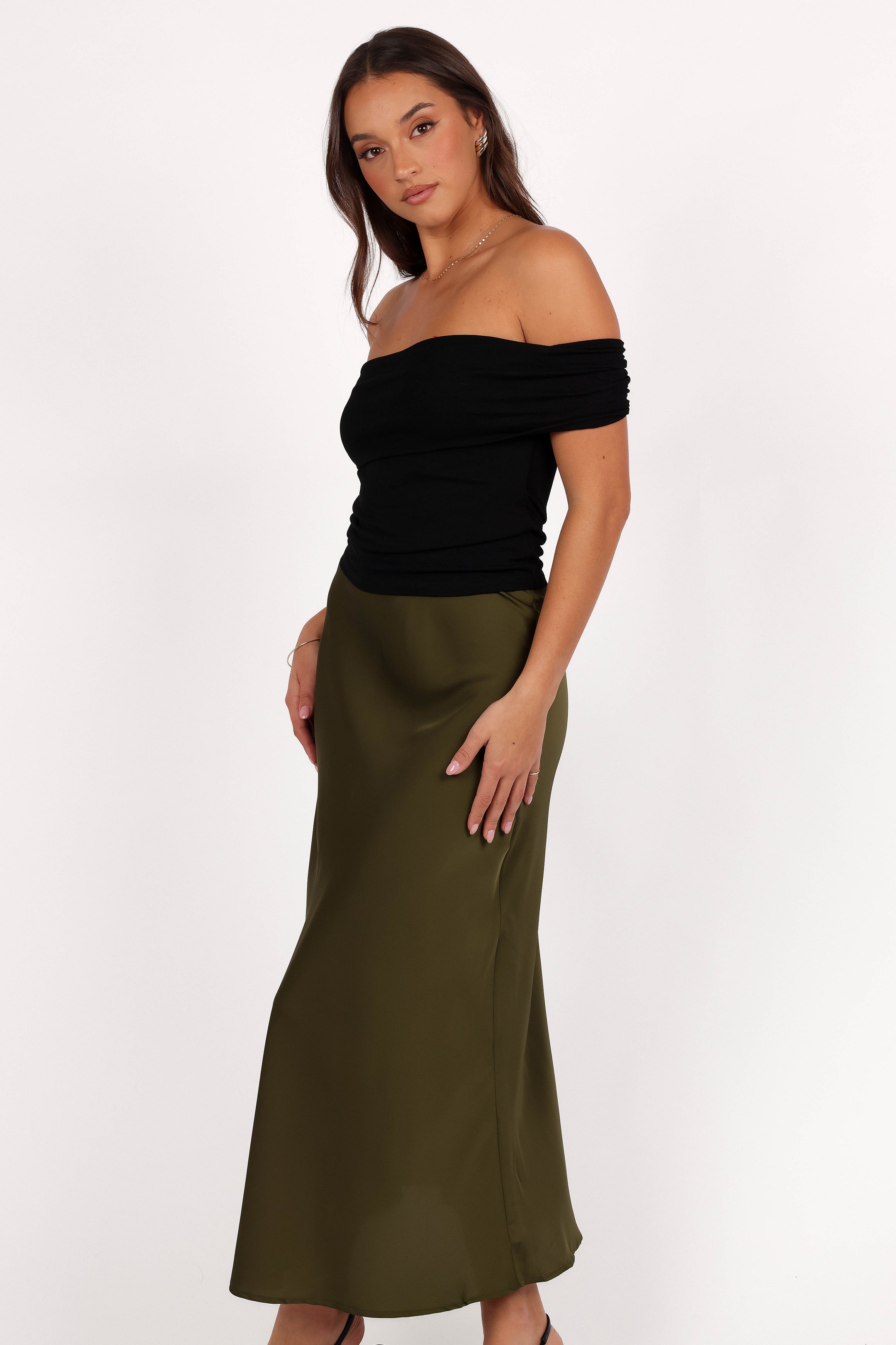 BOTTOMS Nellie Satin Midi Skirt - Olive