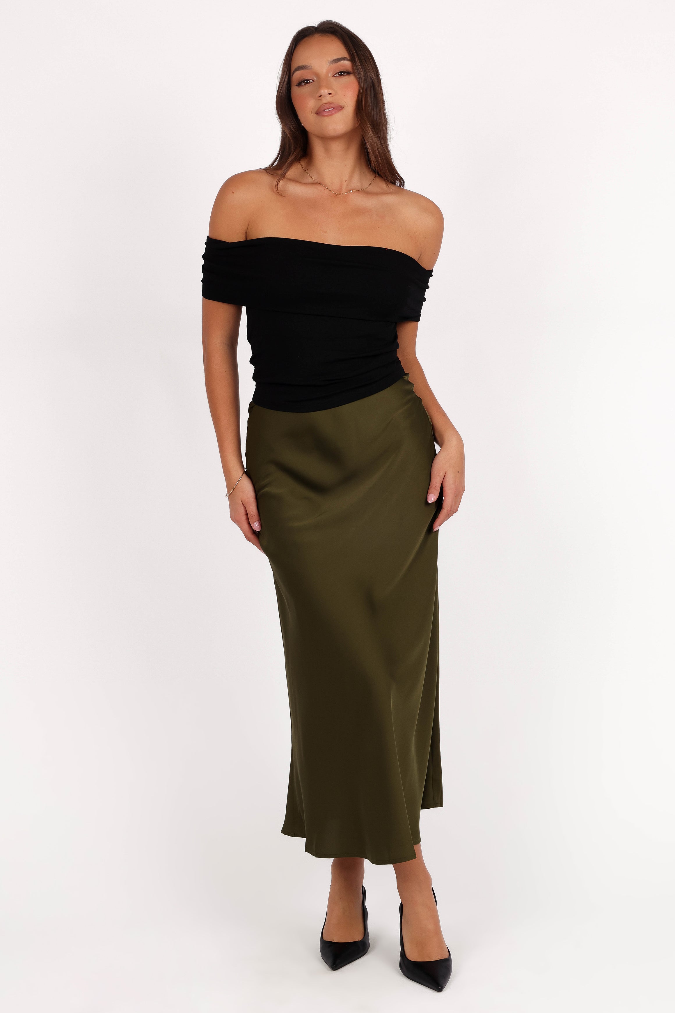 BOTTOMS Nellie Satin Midi Skirt - Olive