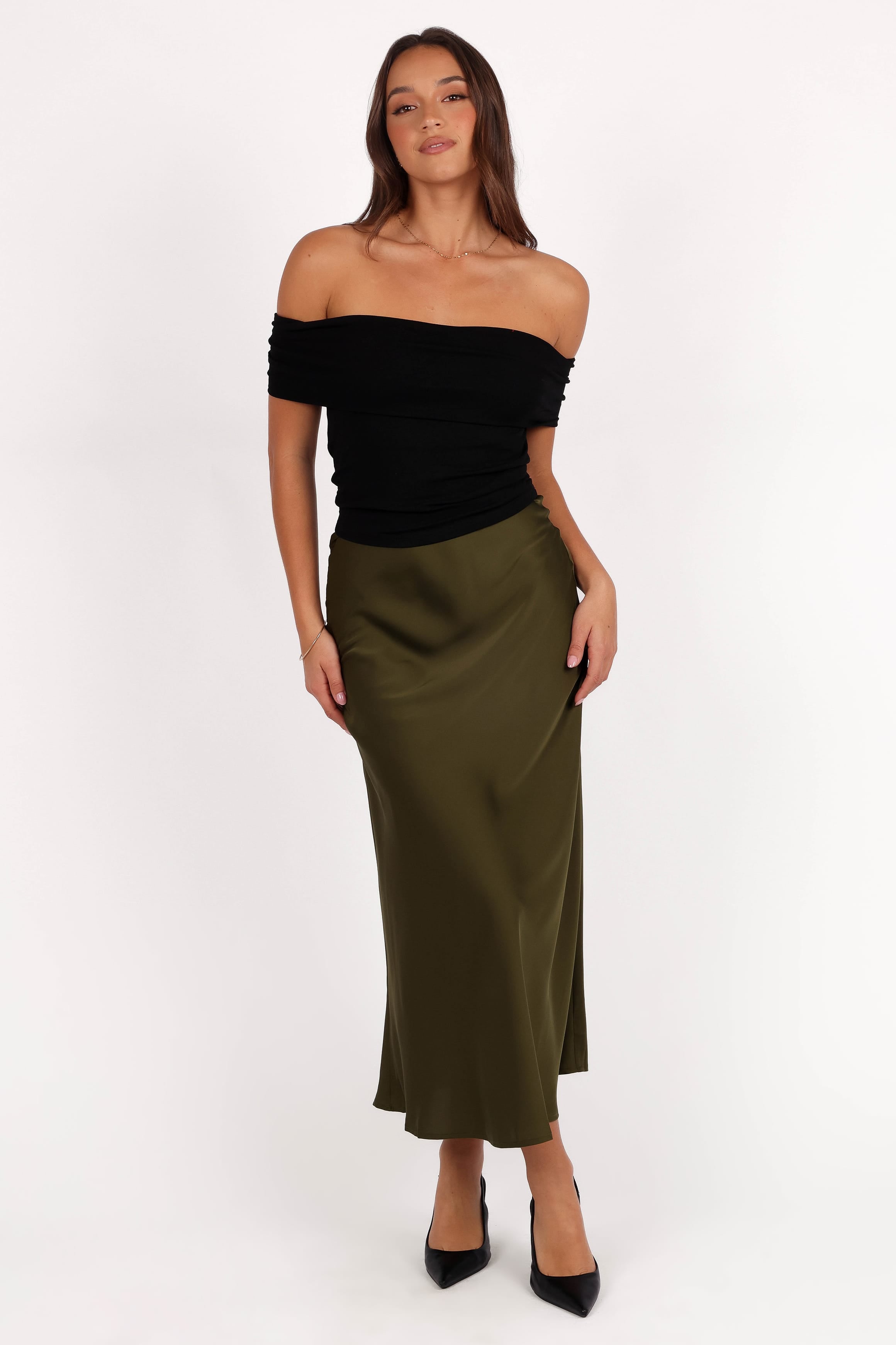 BOTTOMS Nellie Satin Midi Skirt - Olive