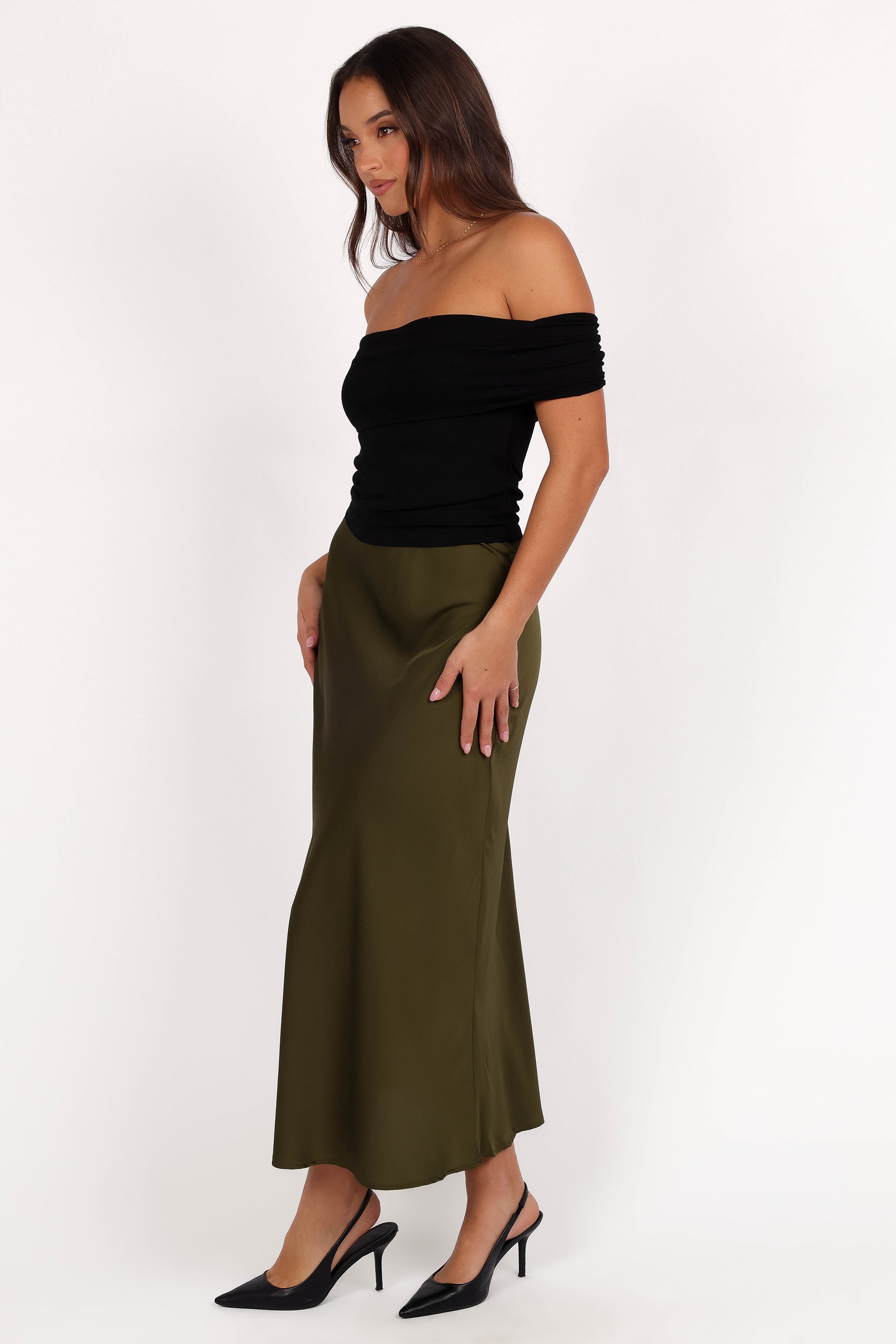 BOTTOMS Nellie Satin Midi Skirt - Olive