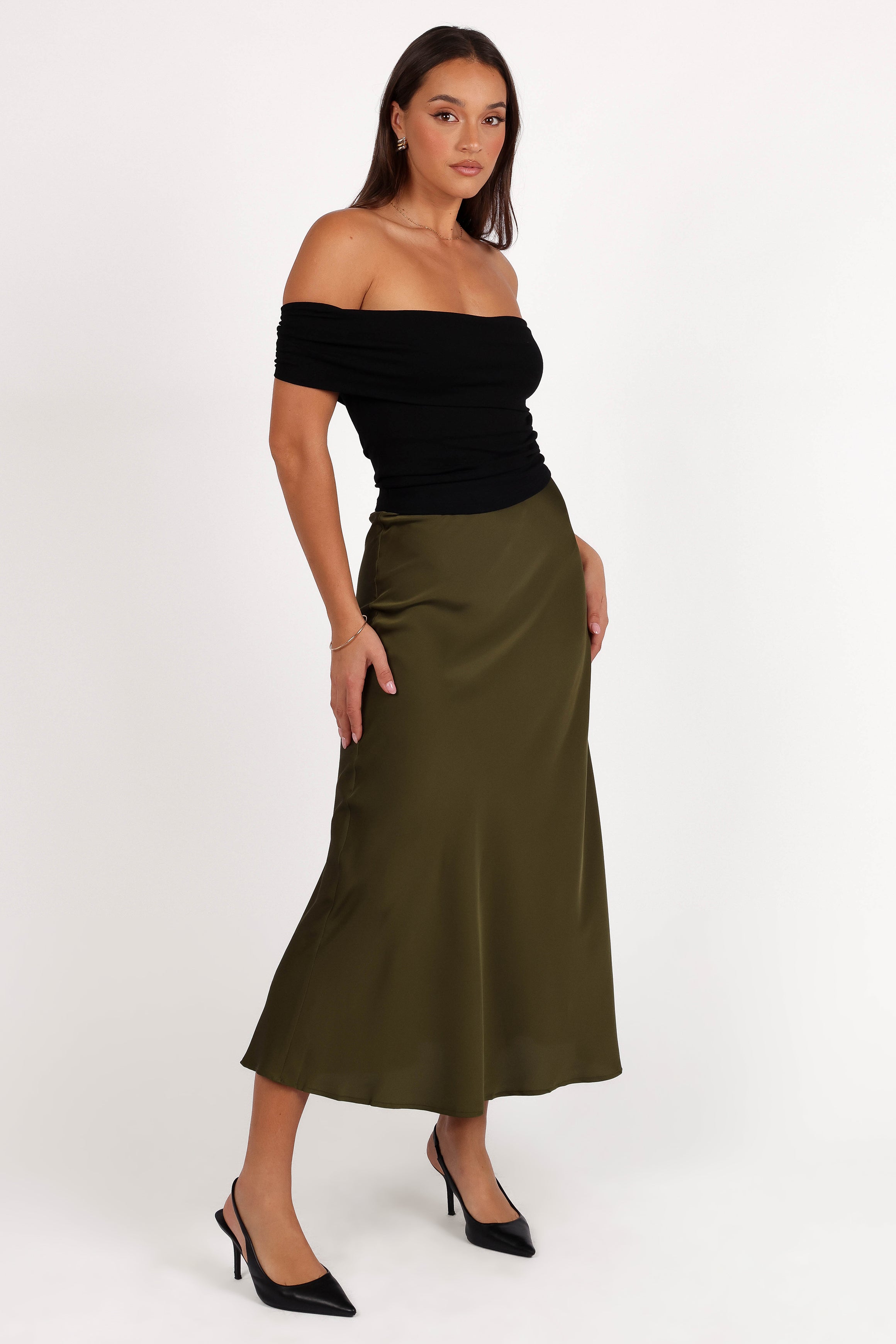 BOTTOMS Nellie Satin Midi Skirt - Olive
