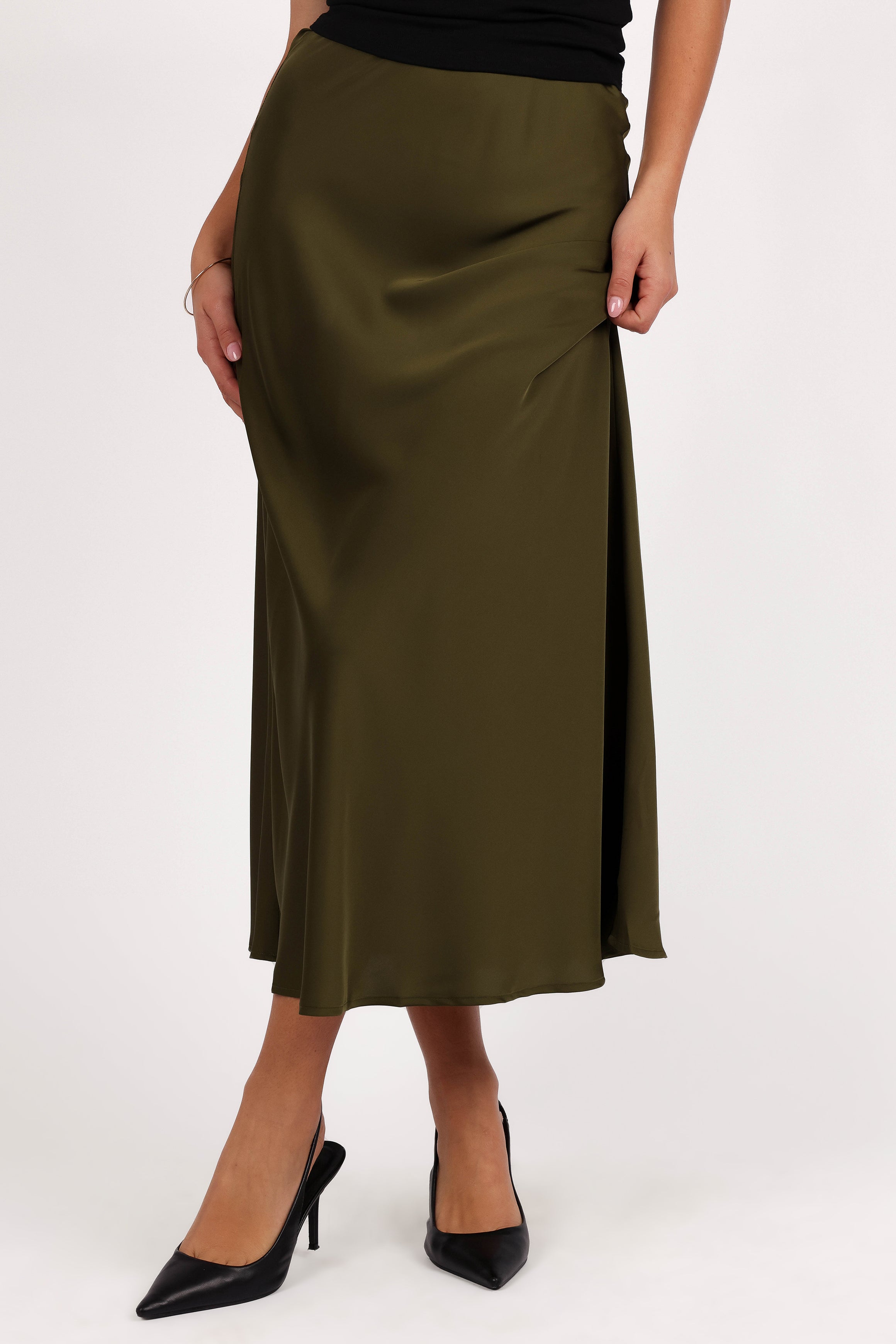 BOTTOMS Nellie Satin Midi Skirt - Olive