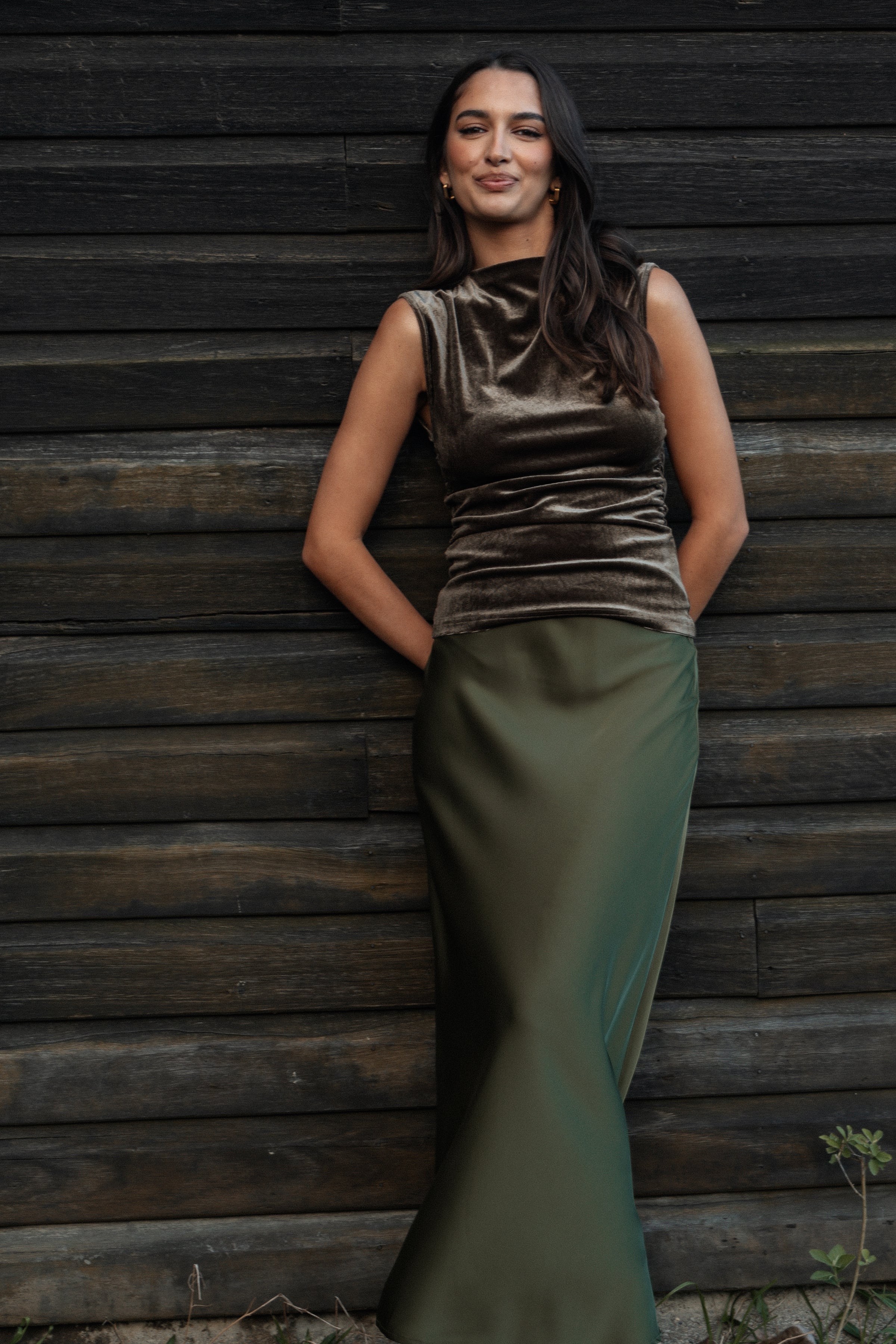 BOTTOMS Nellie Satin Midi Skirt - Olive