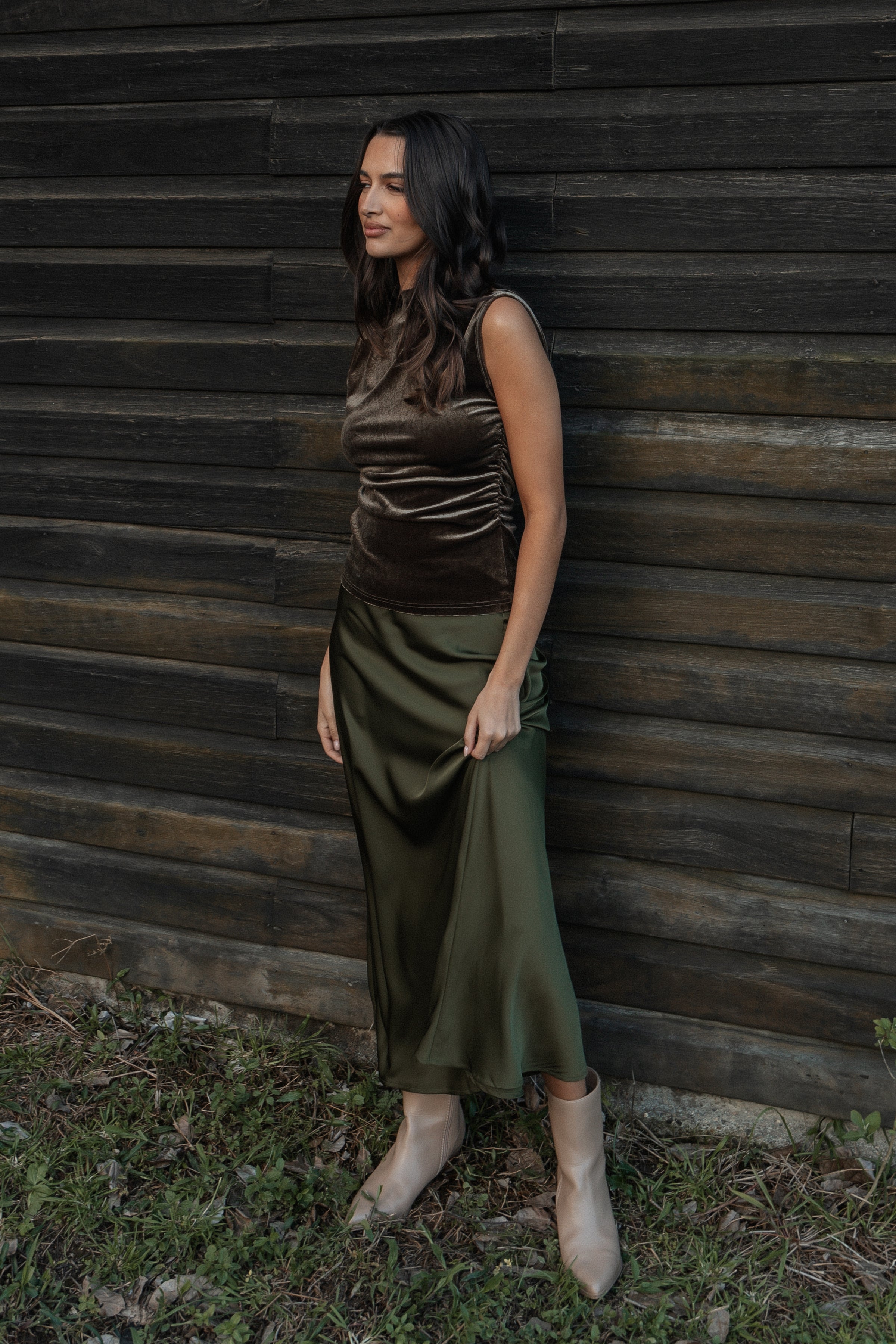 BOTTOMS Nellie Satin Midi Skirt - Olive