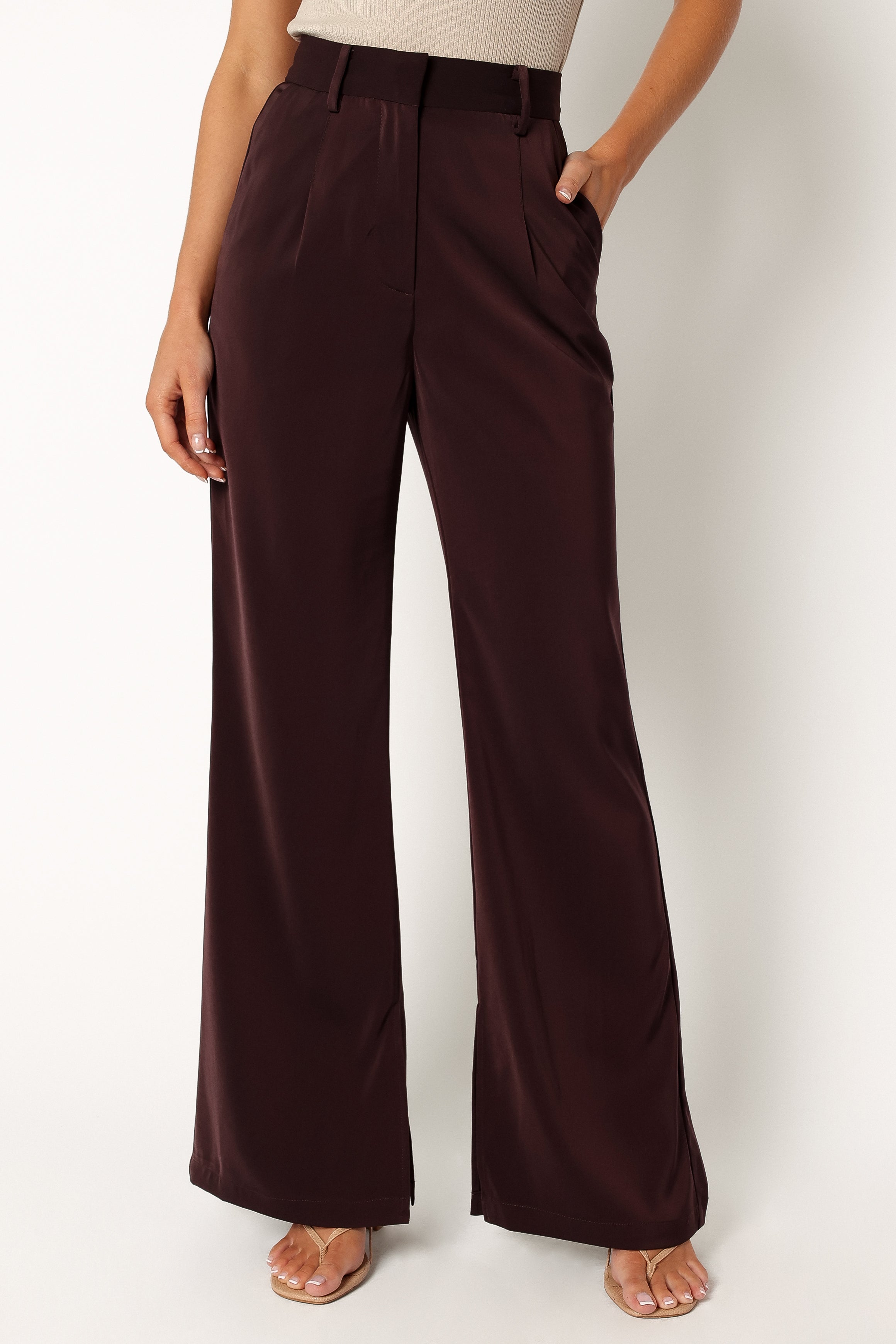 BOTTOMS @Neveah Silky Wide Leg Trousers - Merlot