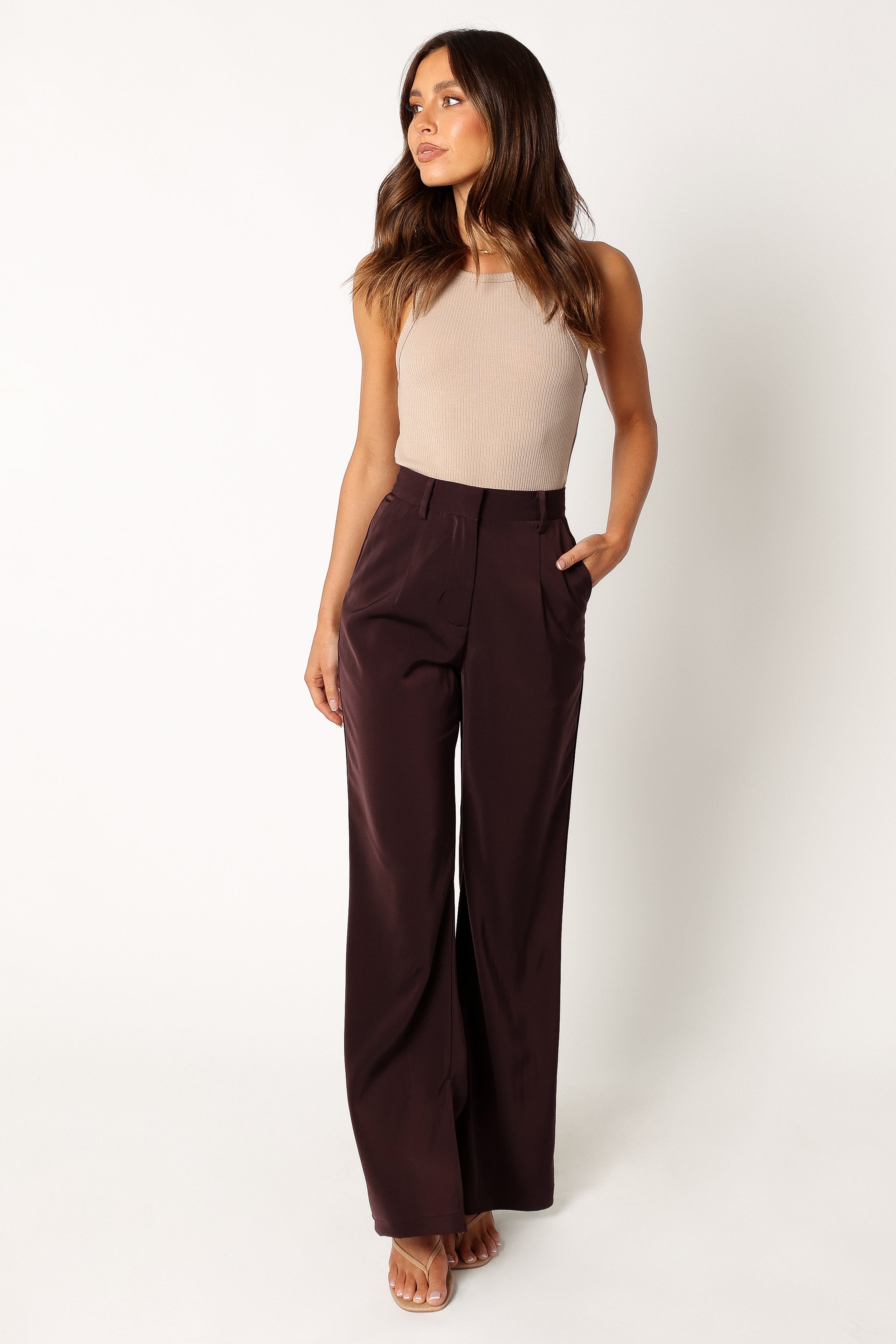 BOTTOMS @Neveah Silky Wide Leg Trousers - Merlot