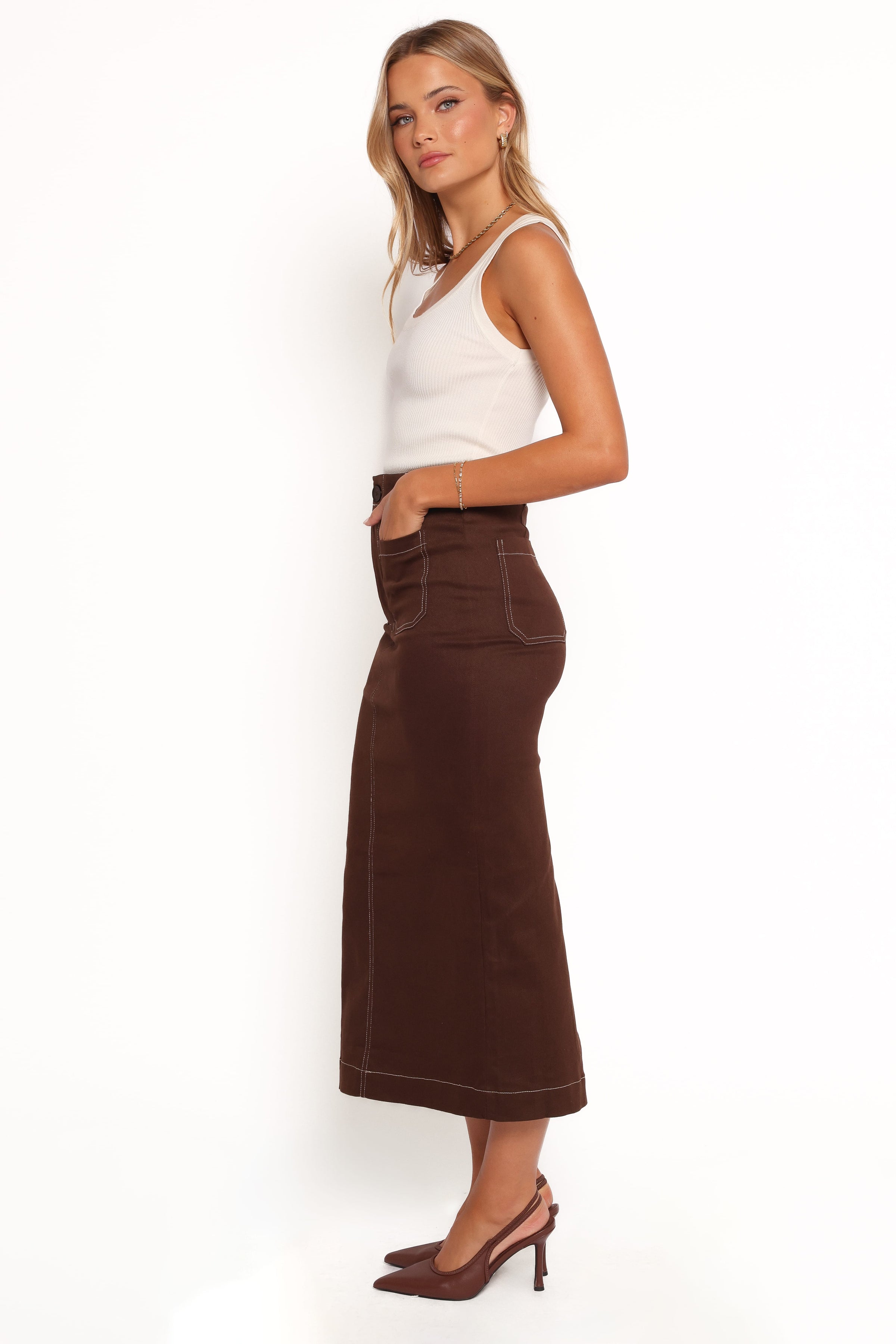 BOTTOMS Nikko Midi Skirt - Chocolate Brown