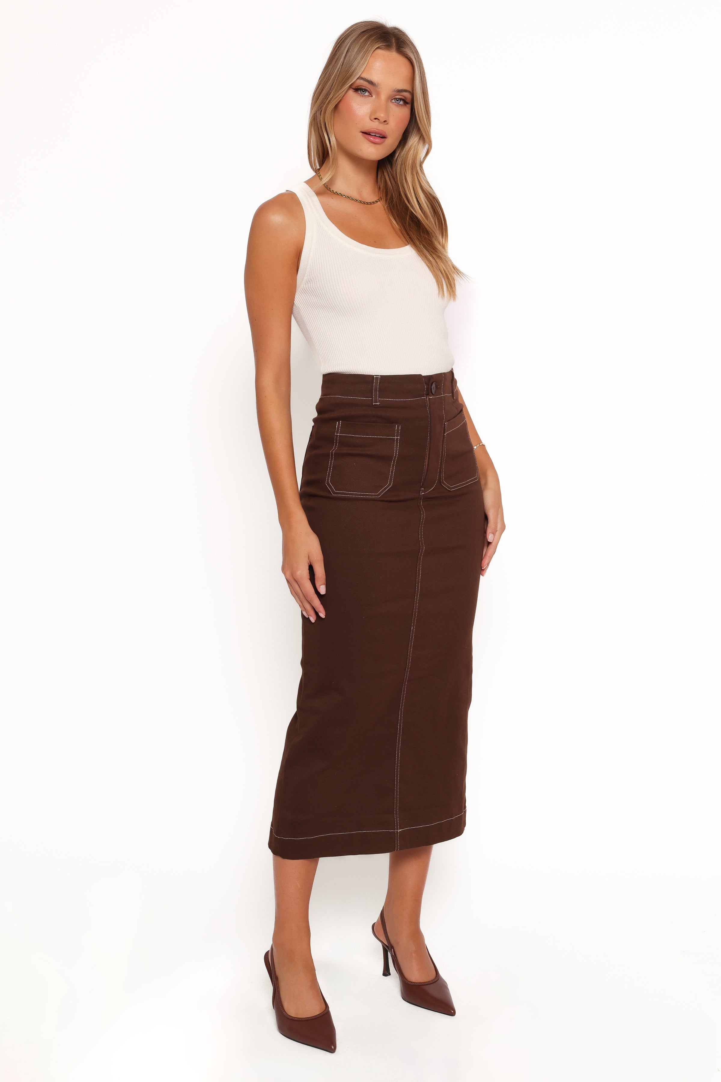 BOTTOMS Nikko Midi Skirt - Chocolate Brown