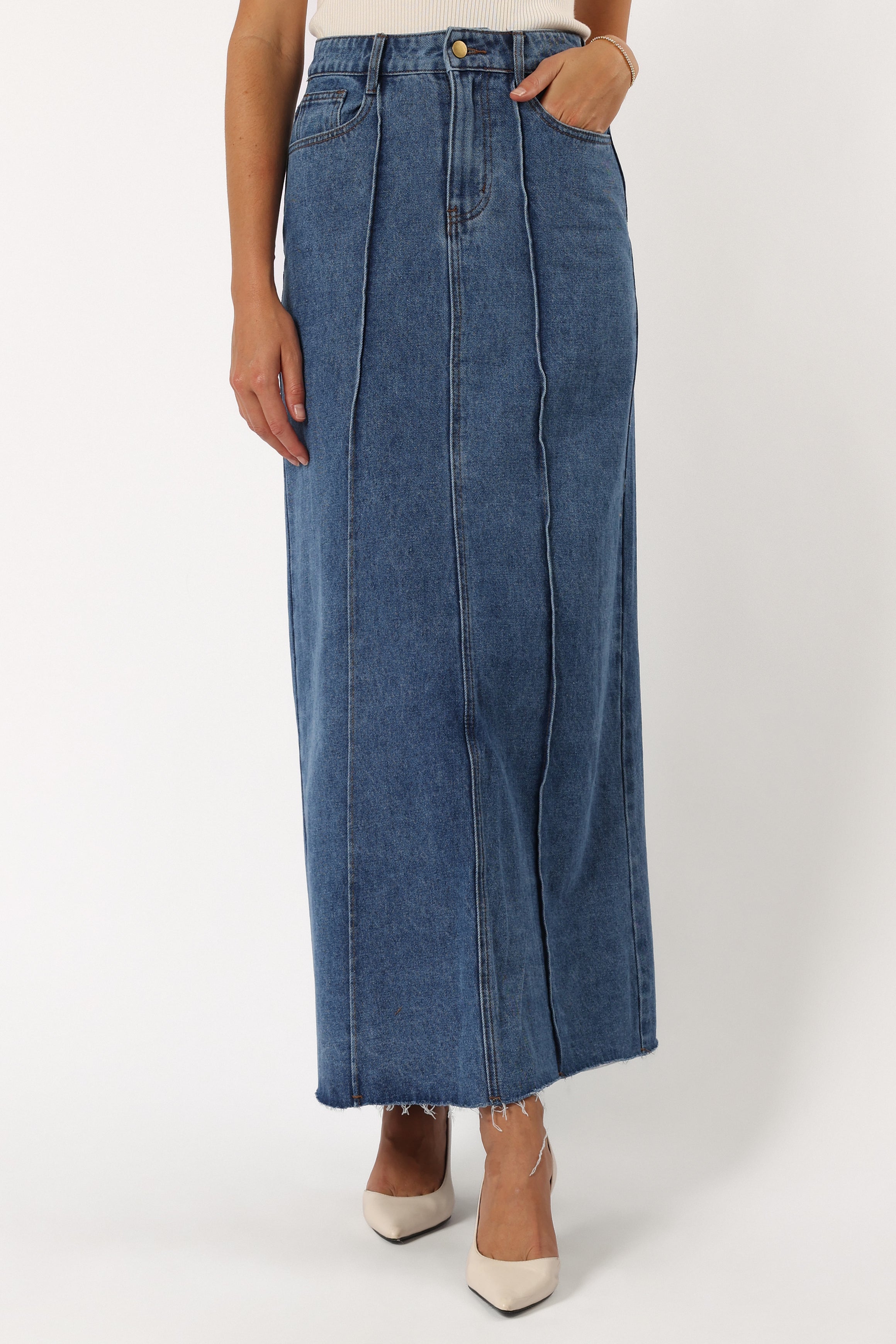 BOTTOMS @Peggie Denim Midi Skirt - Blue (Hold for Cool Beginnings)