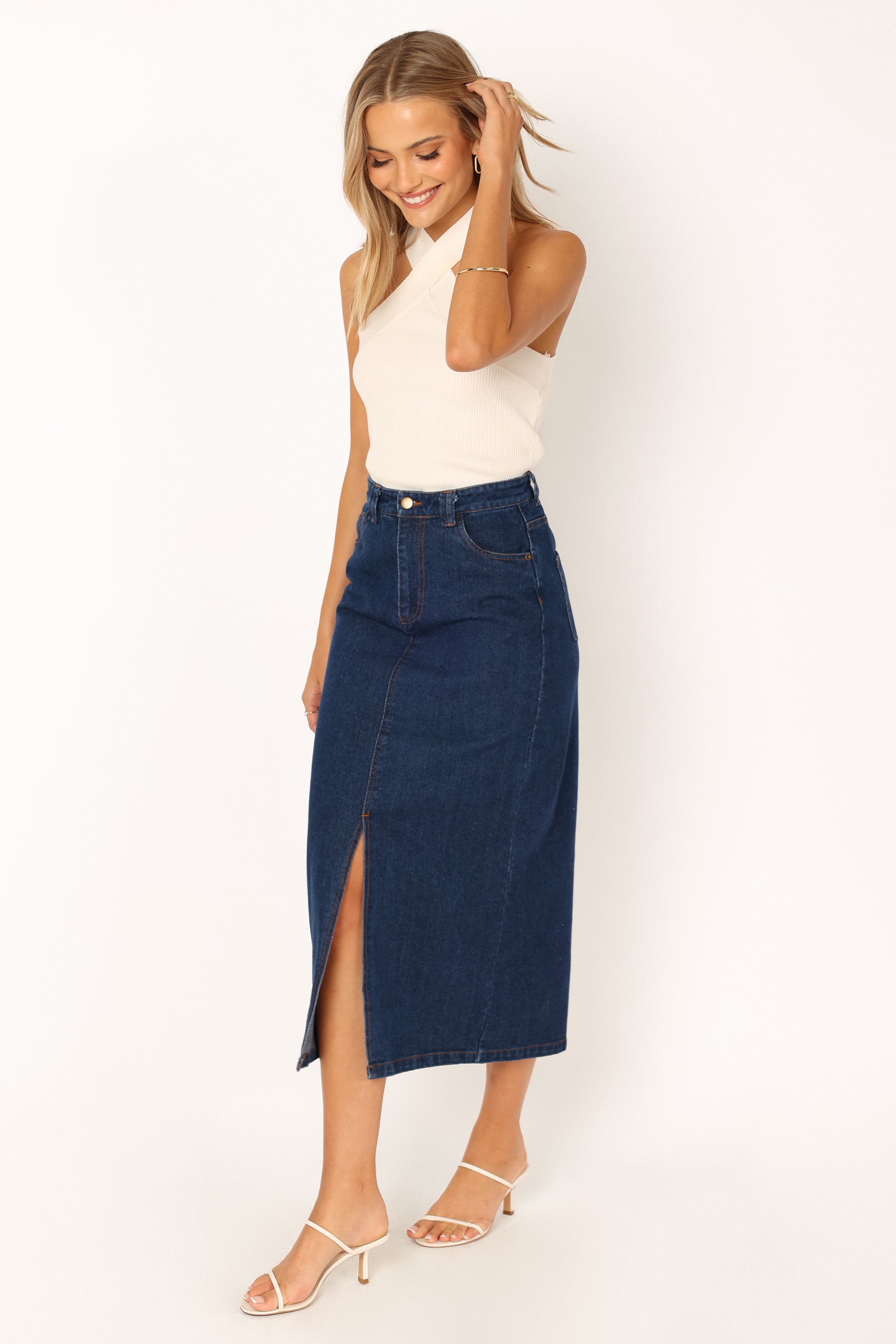 BOTTOMS @Rana Denim Midi Skirt - Dark Denim