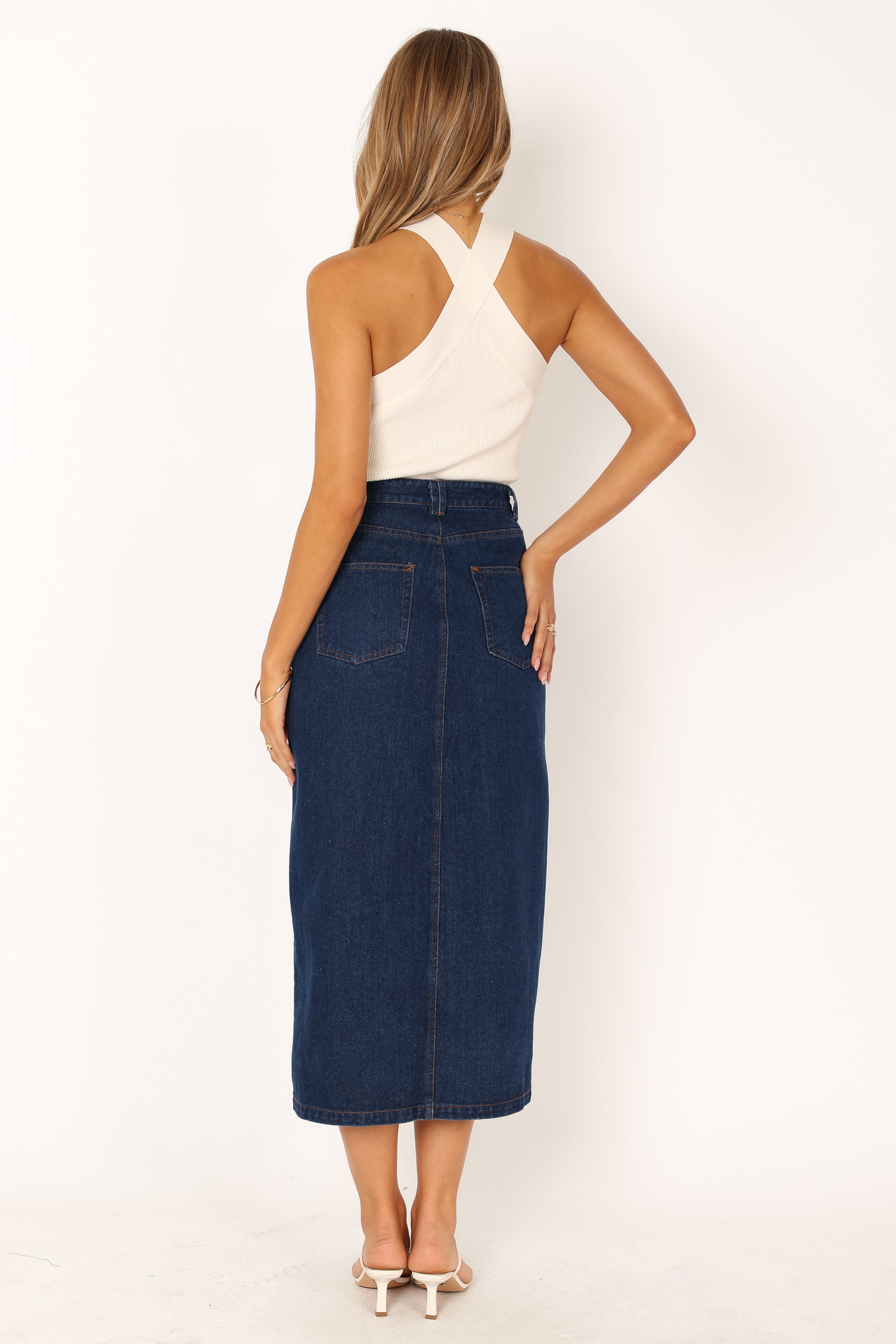 BOTTOMS @Rana Denim Midi Skirt - Dark Denim