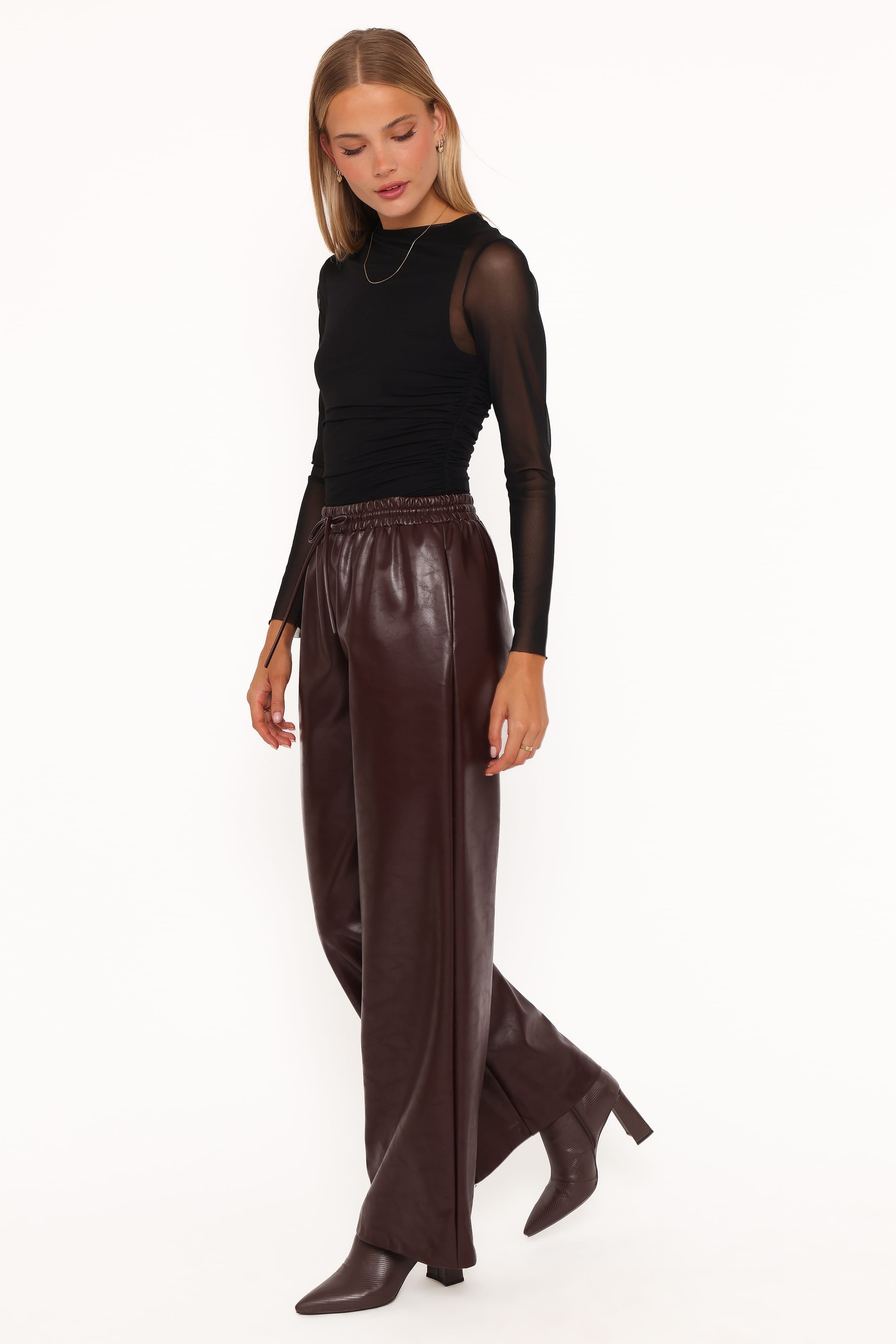 BOTTOMS Saffron Vegan Leather Wide Leg Pant - Burgundy