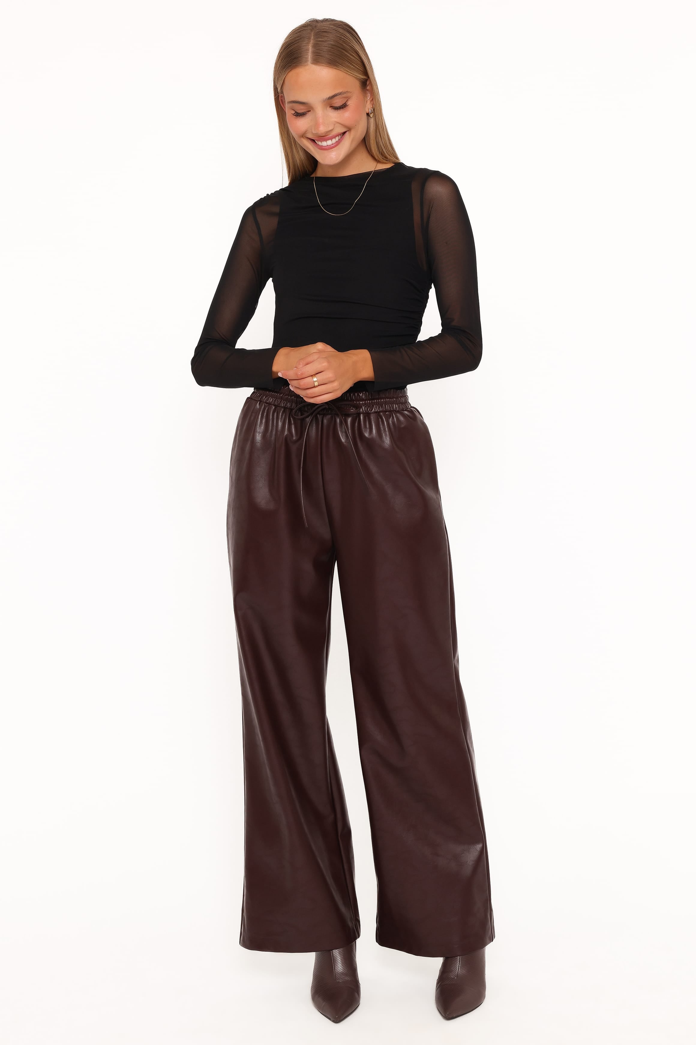 BOTTOMS Saffron Vegan Leather Wide Leg Pant - Burgundy