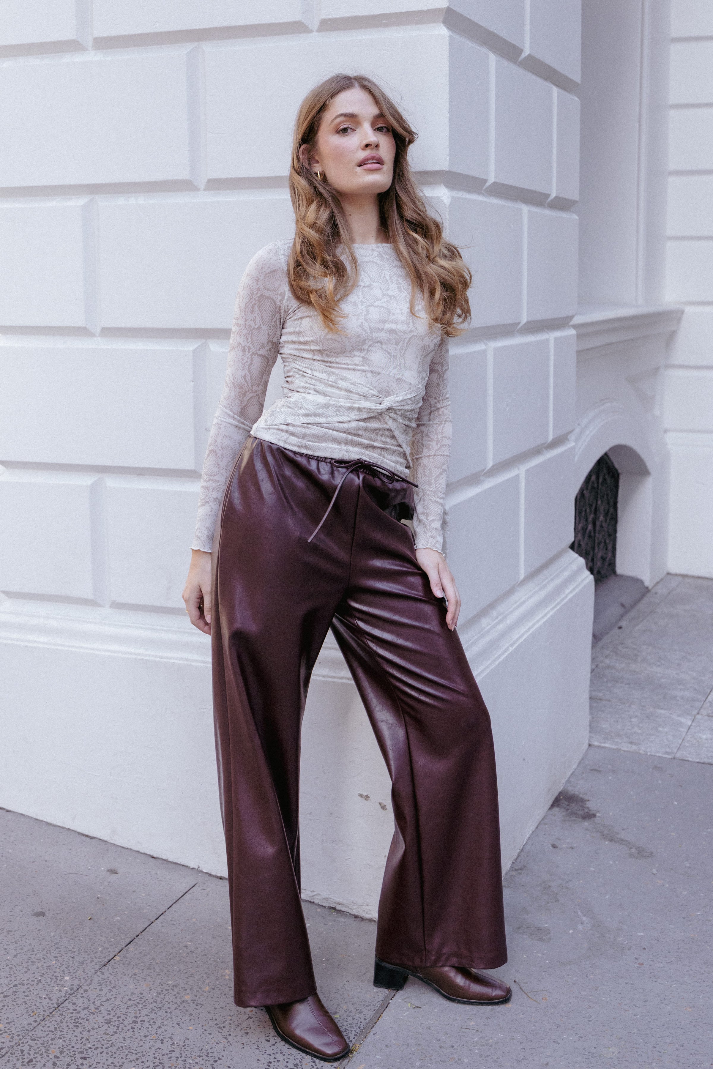 BOTTOMS Saffron Vegan Leather Wide Leg Pant - Burgundy