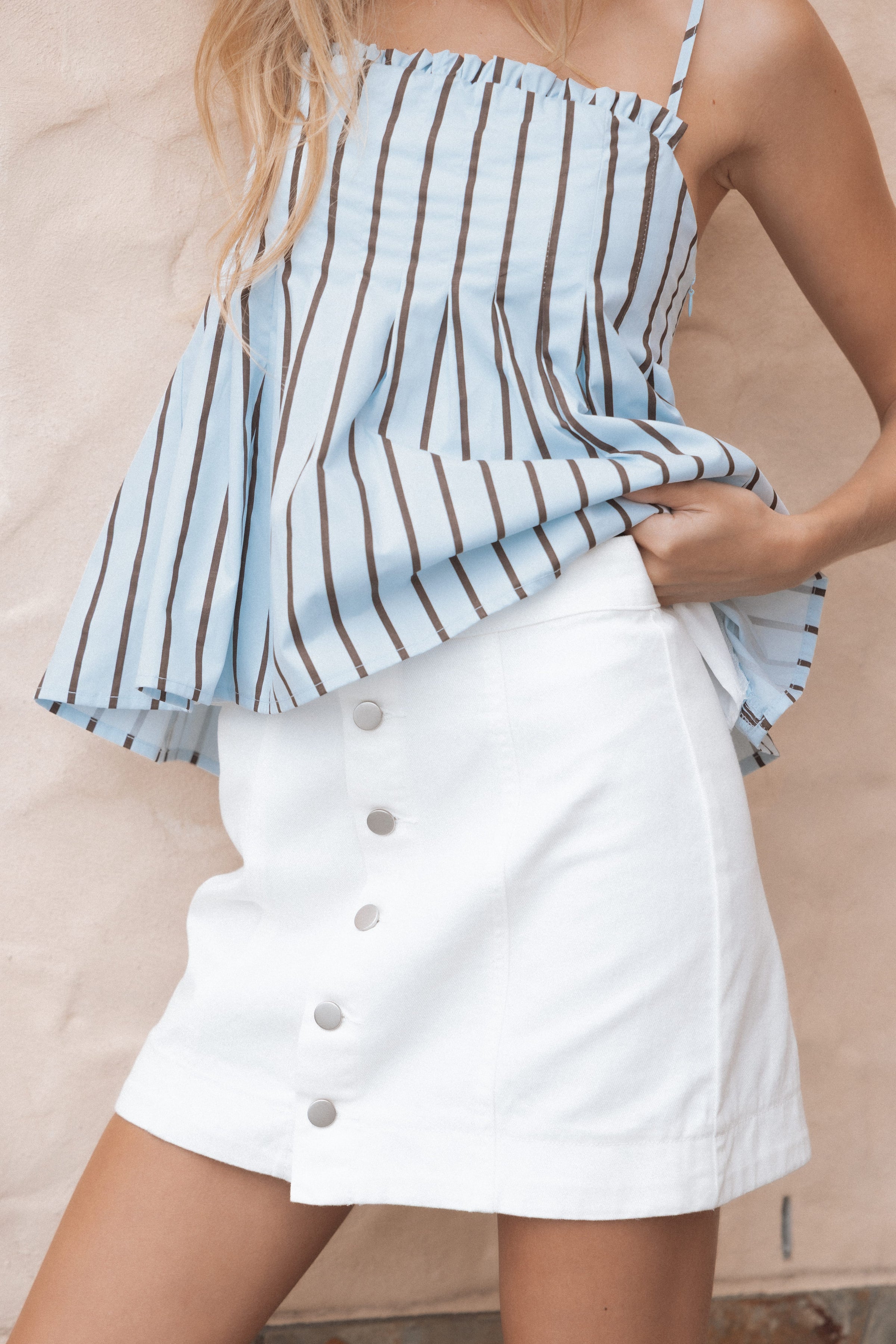 BOTTOMS Sara Button Front Denim Mini Skirt - Off White