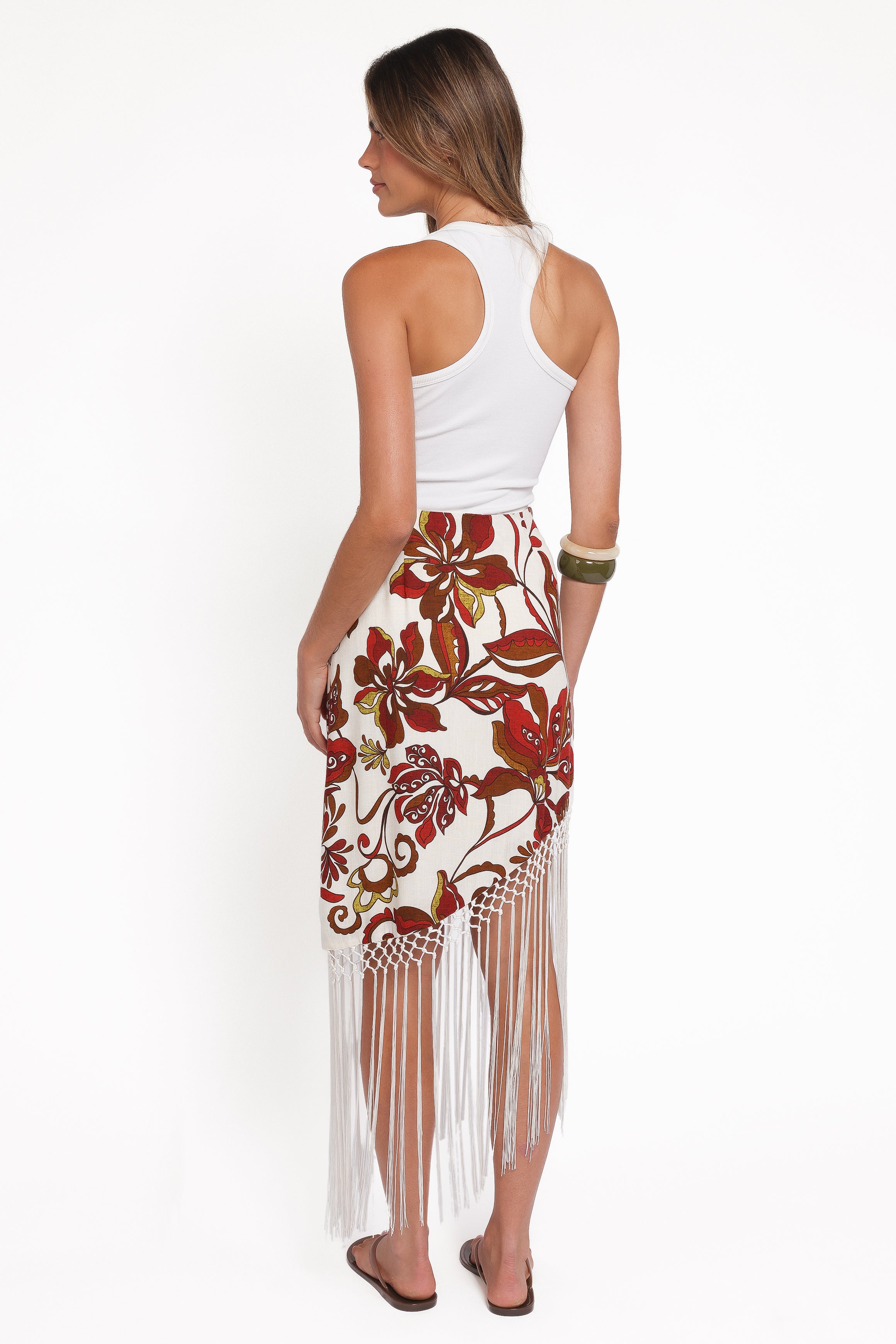 BOTTOMS Shelby Midi Fringe Skirt - Brown Floral