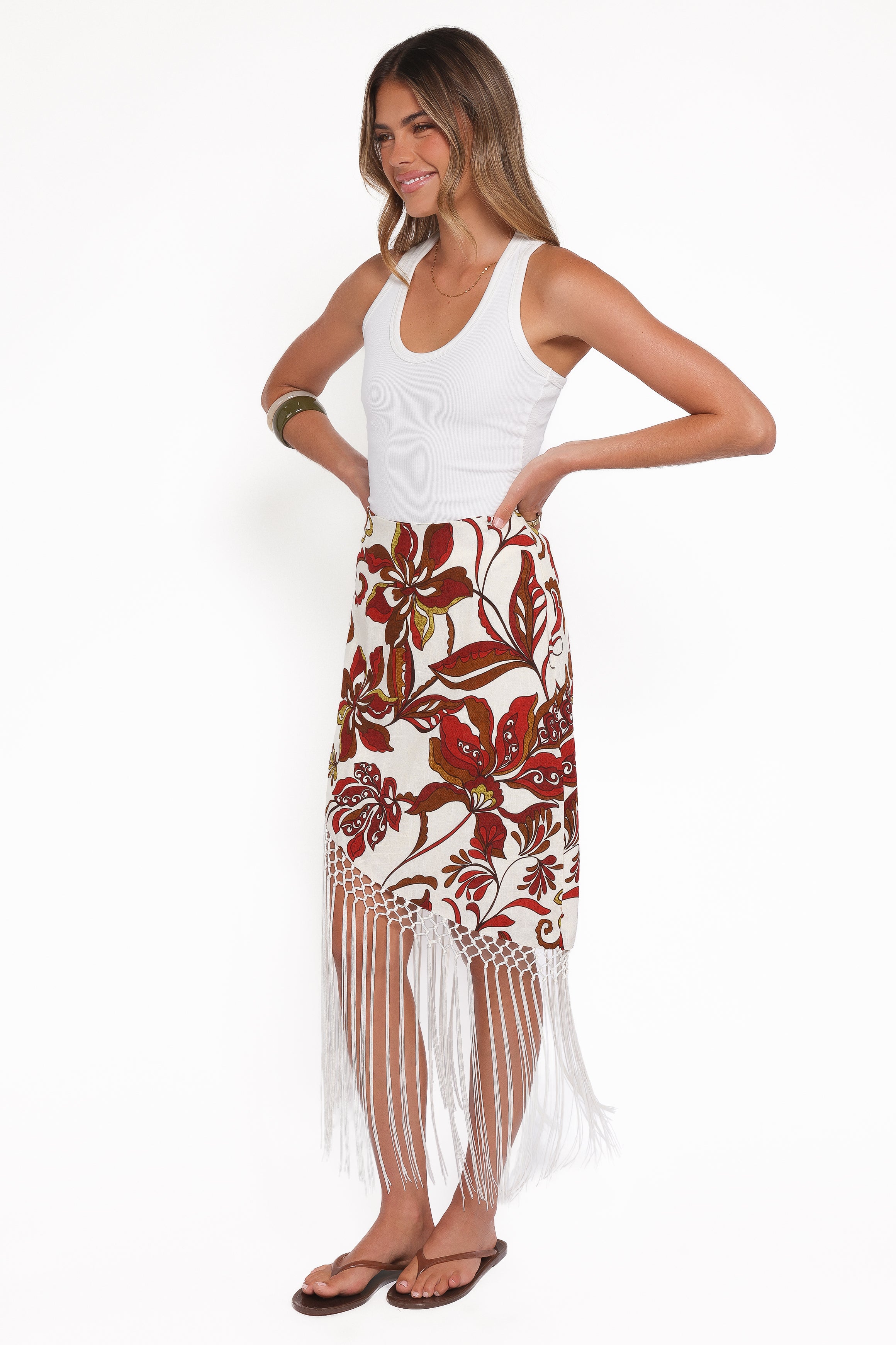 BOTTOMS Shelby Midi Fringe Skirt - Brown Floral