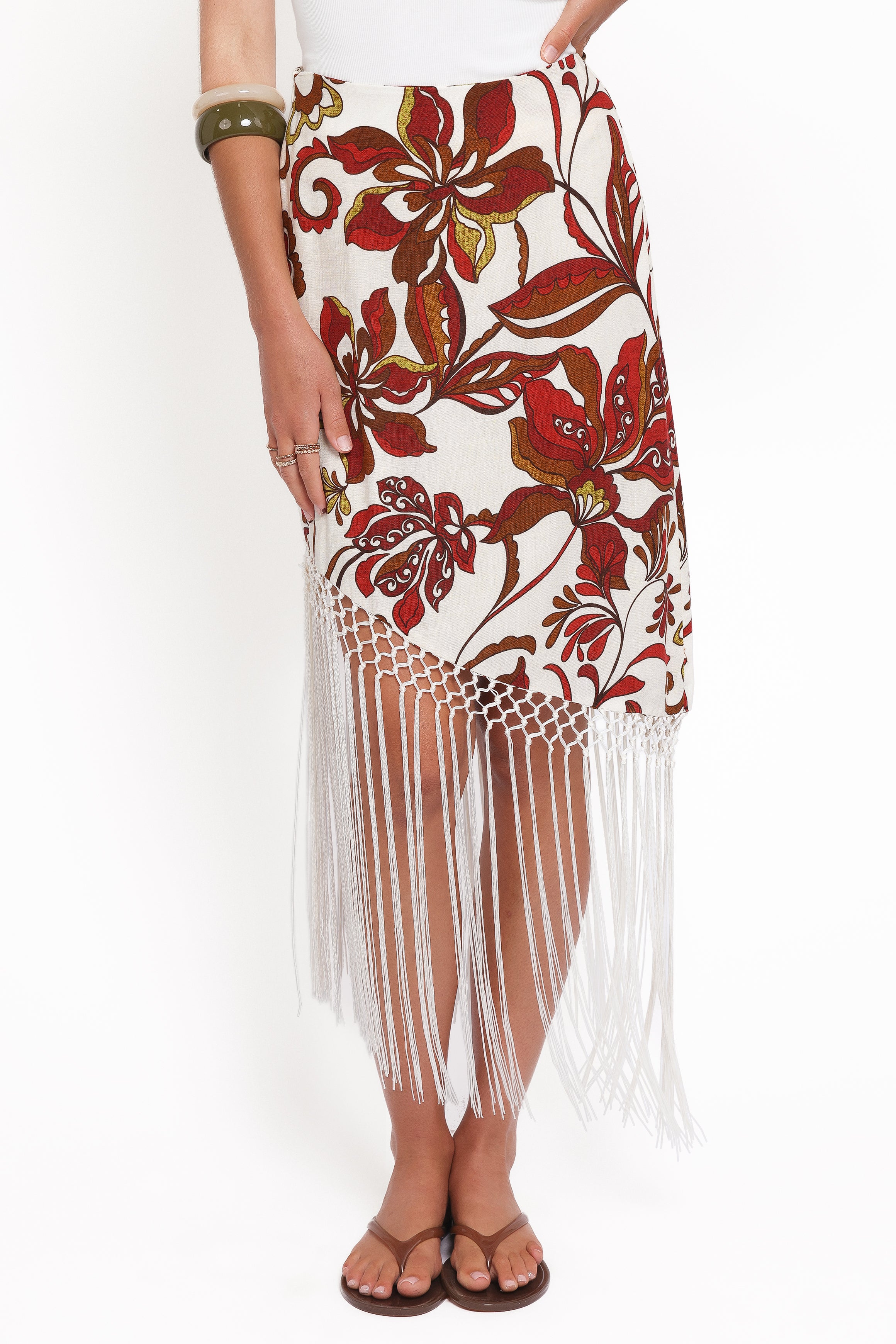 BOTTOMS Shelby Midi Fringe Skirt - Brown Floral