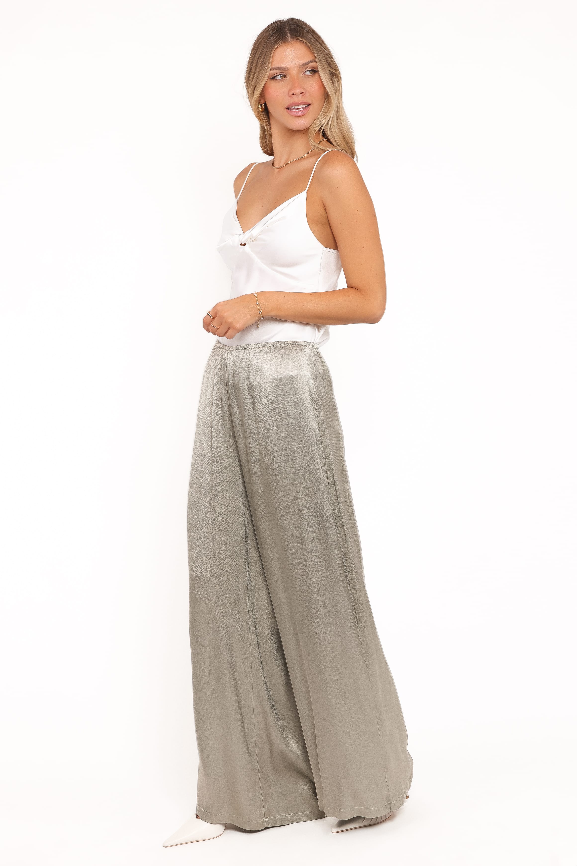 BOTTOMS Sullivan Wide Leg Satin Pant - Sage