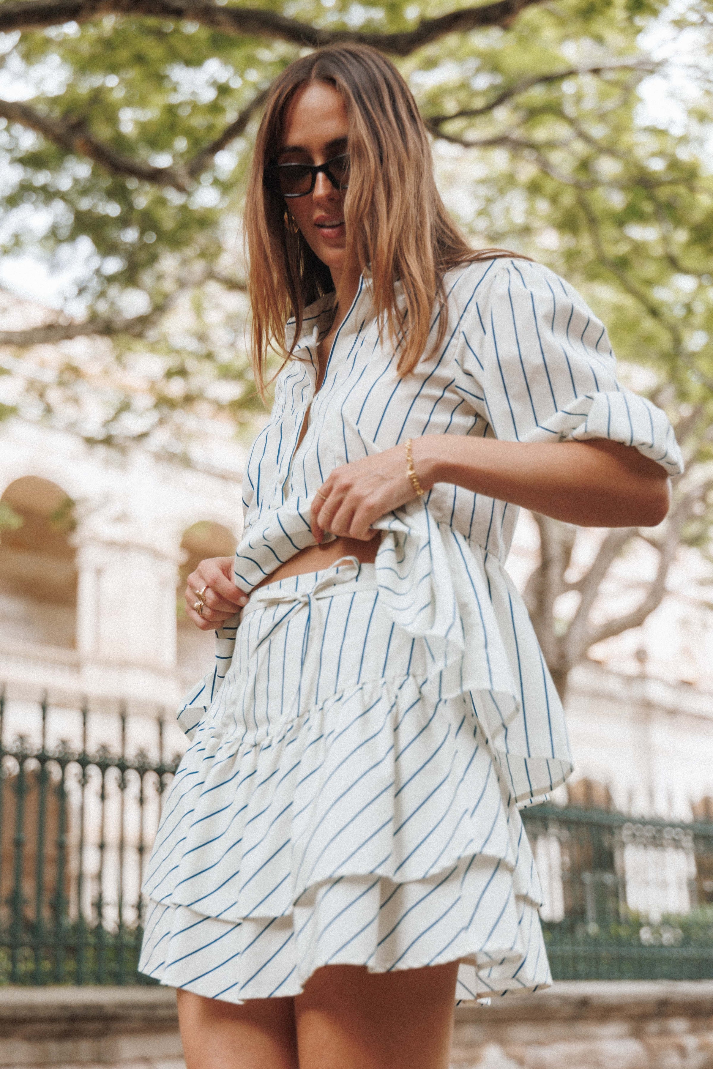 BOTTOMS Sybella Frill Basque Skirt - Yellow/Blue Stripe