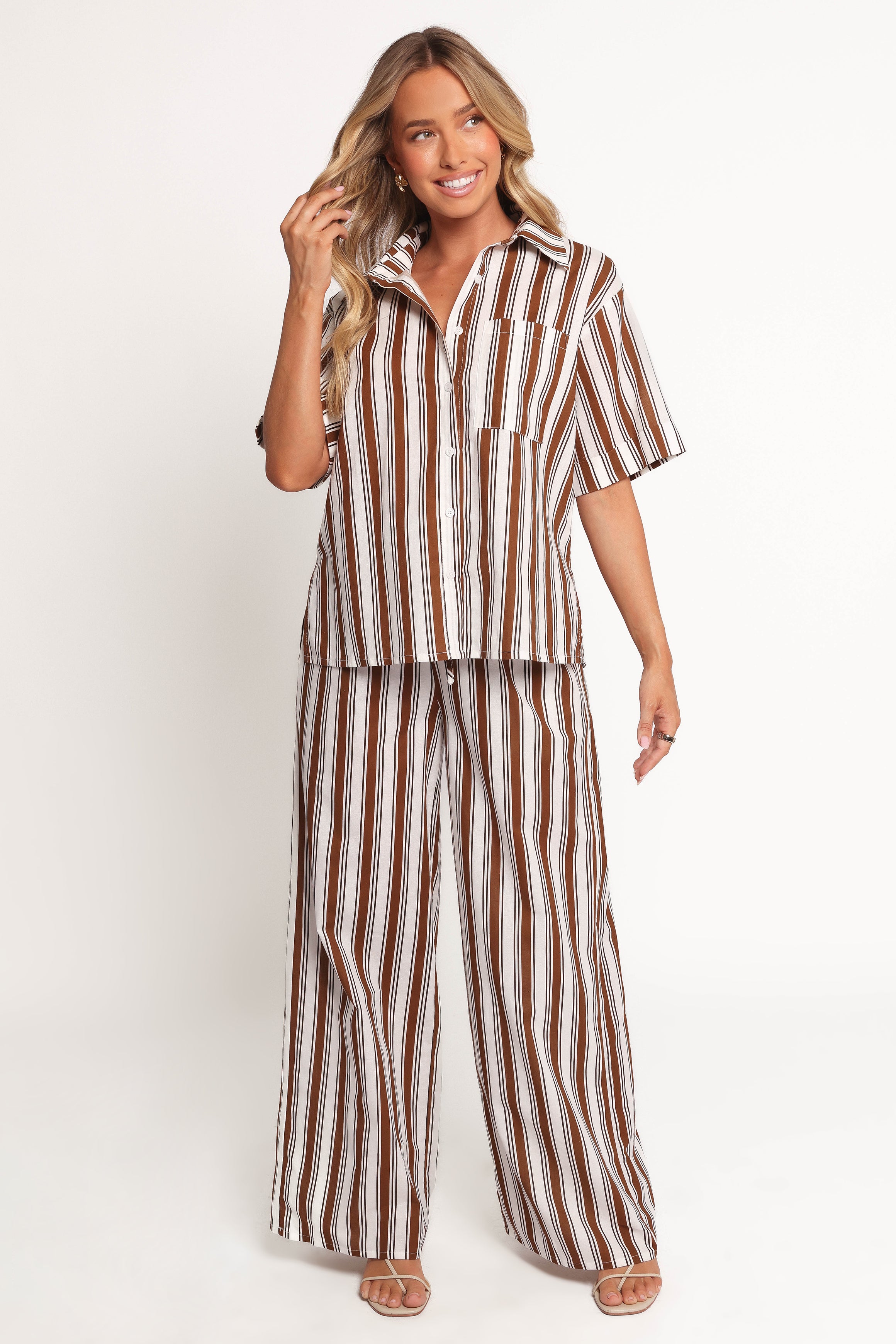 BOTTOMS Thalia Wide Leg Pant - Chocolate Stripe