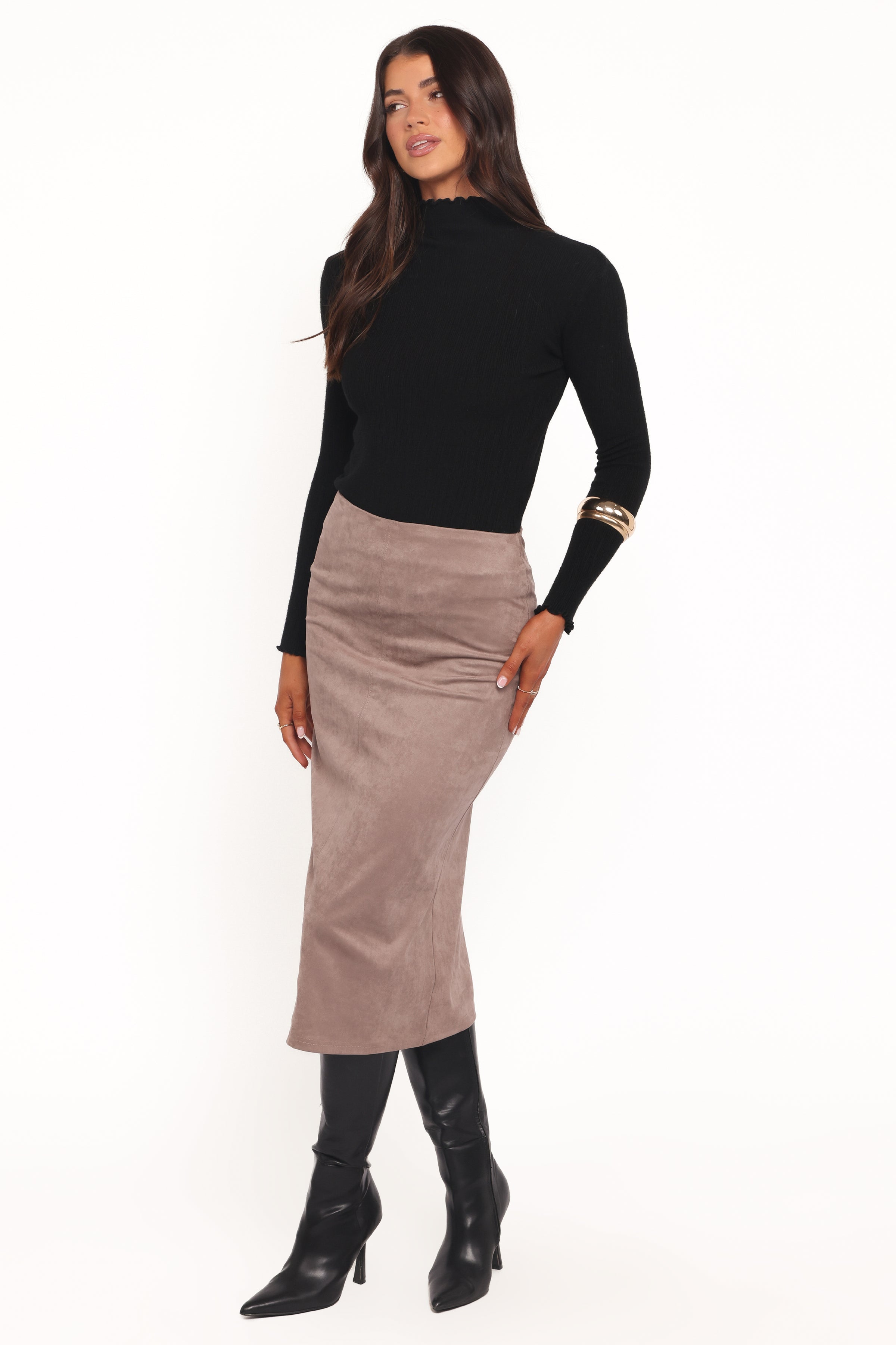 BOTTOMS Una Suede Midi Skirt - Mushroom