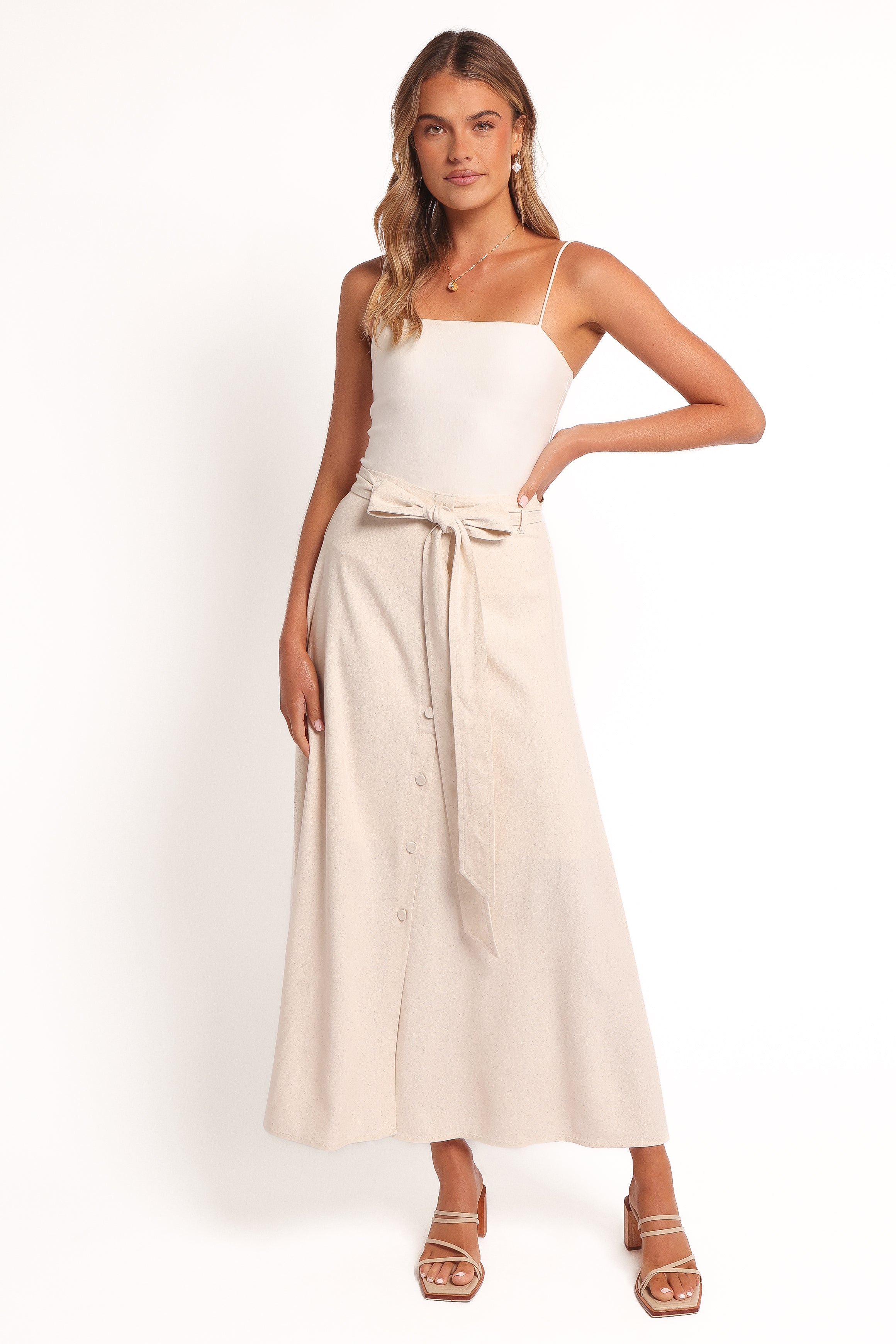 BOTTOMS Xander Tie Waist Midi Skirt - Oatmeal