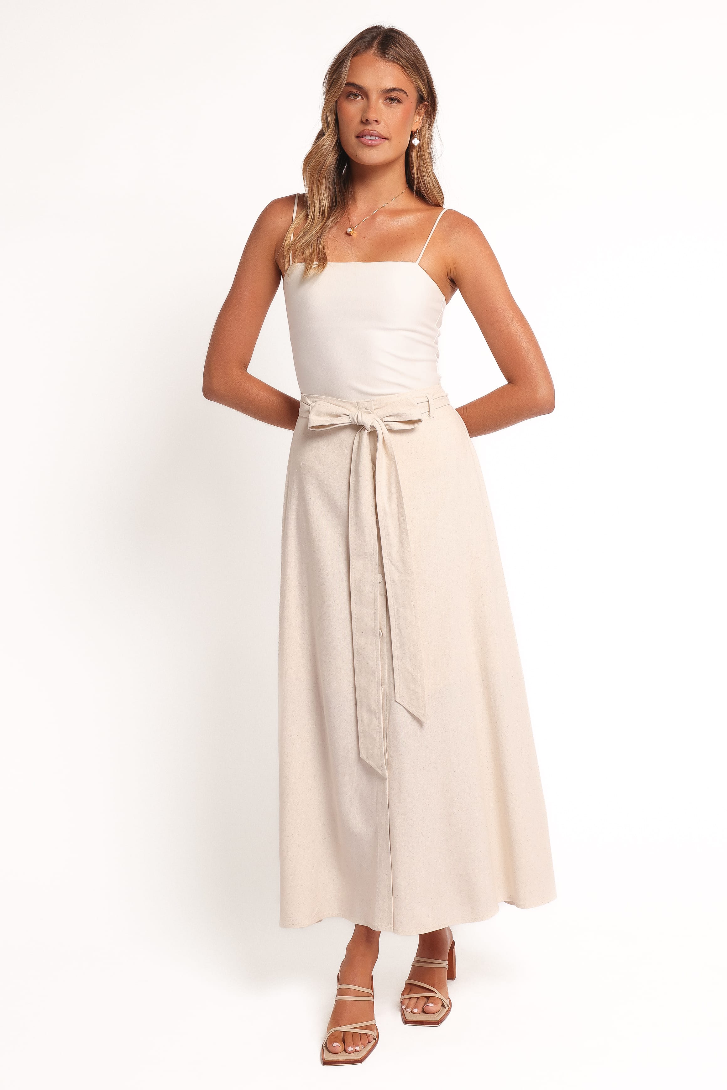 BOTTOMS Xander Tie Waist Midi Skirt - Oatmeal