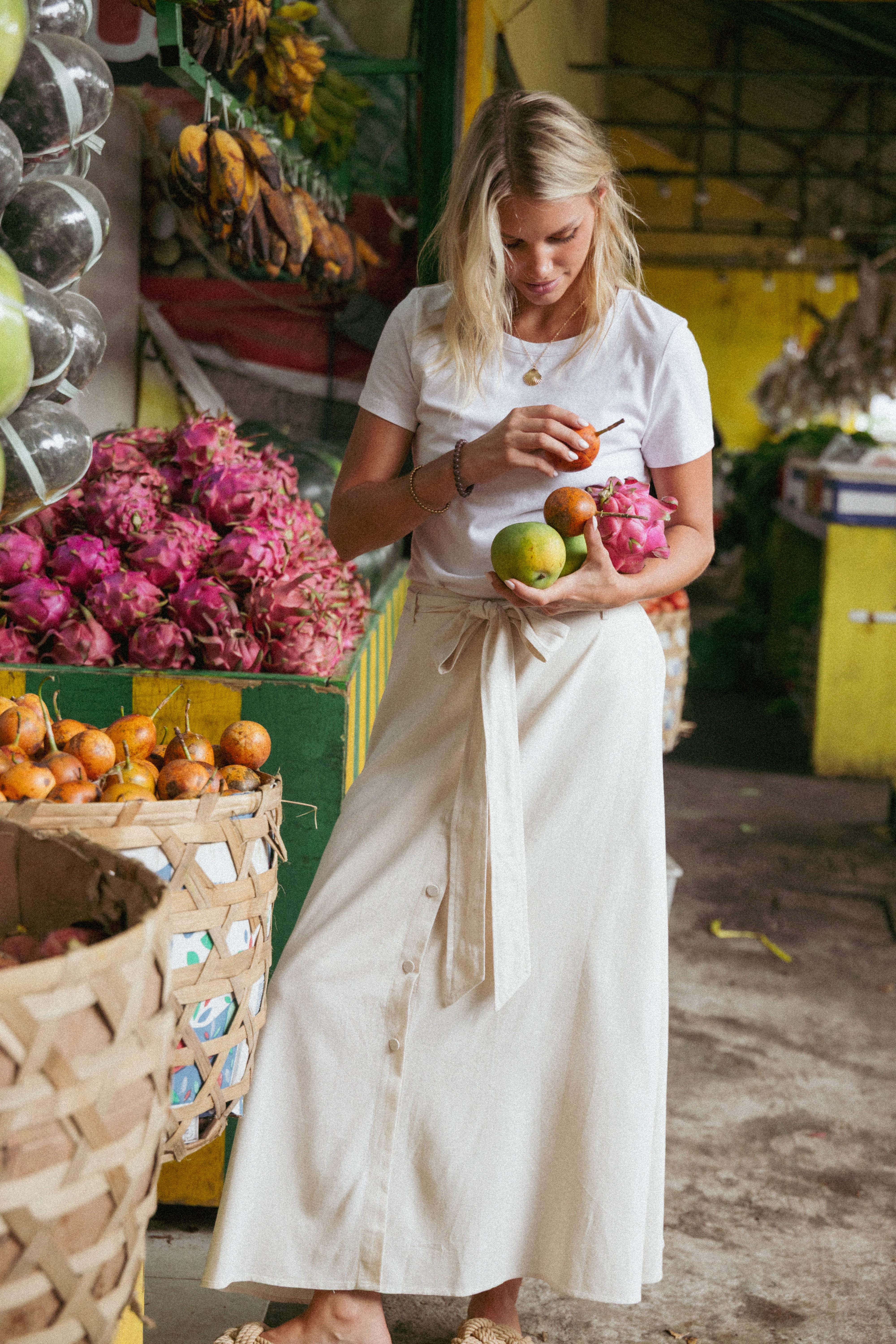 BOTTOMS Xander Tie Waist Midi Skirt - Oatmeal