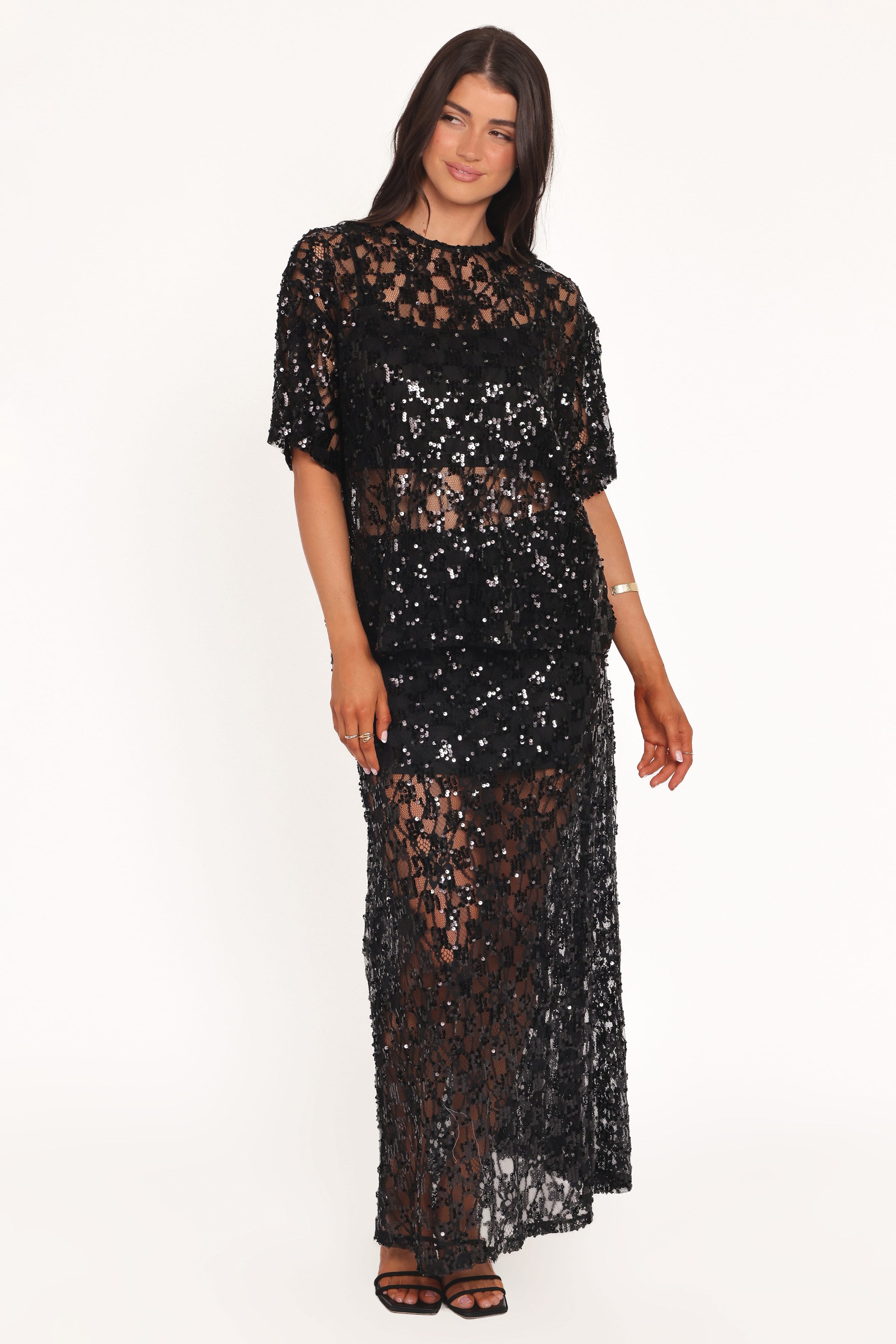 BOTTOMS Yonder Sheer Panel Lace Maxi Skirt - Black